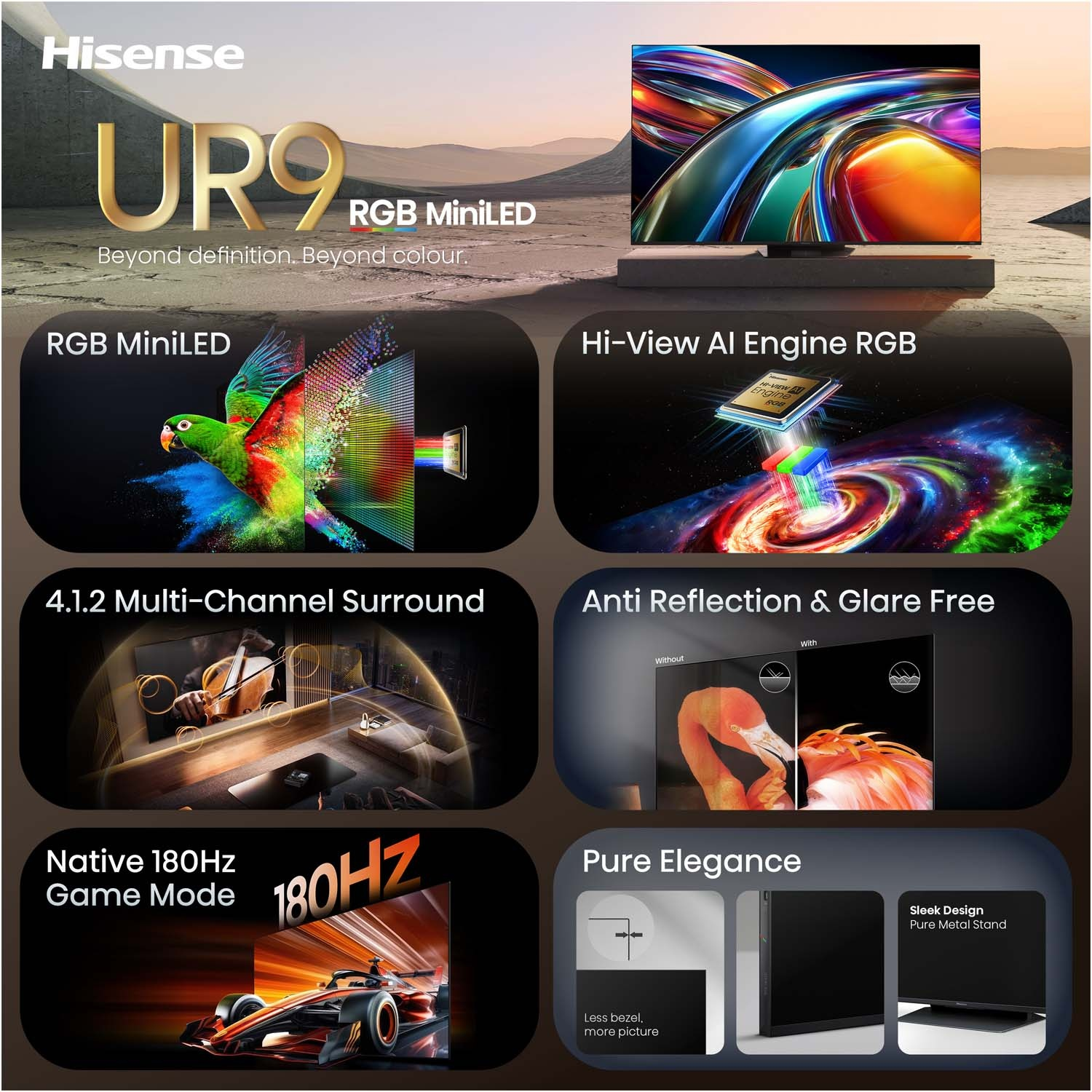 TV Hisense UR9 RGB MiniLED: pappagallo, chip AI, audio surround, antiriflesso, gaming 180Hz.