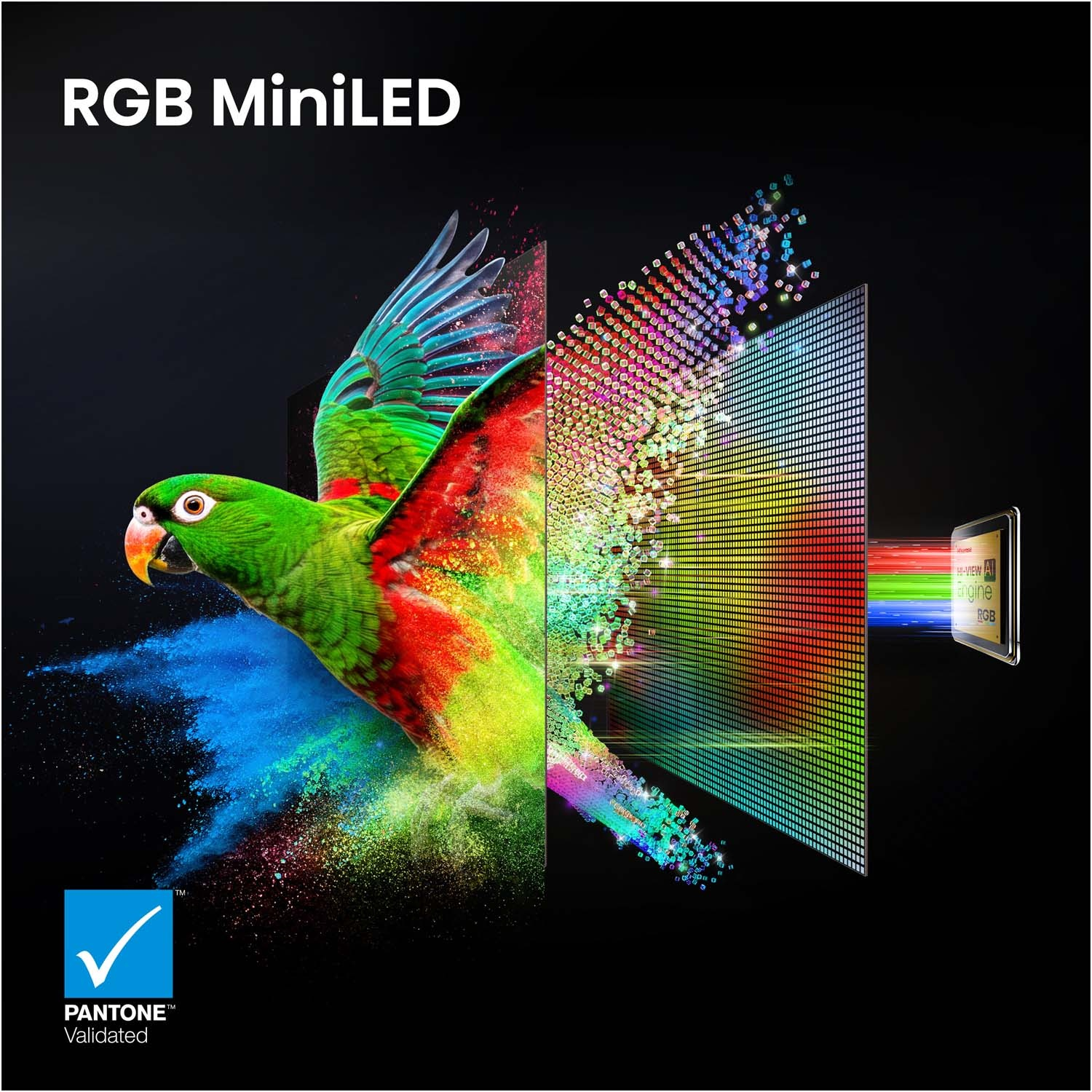 RGB MiniLED: Un pappagallo esplode in pixel colorati mostrando una griglia e un chip.