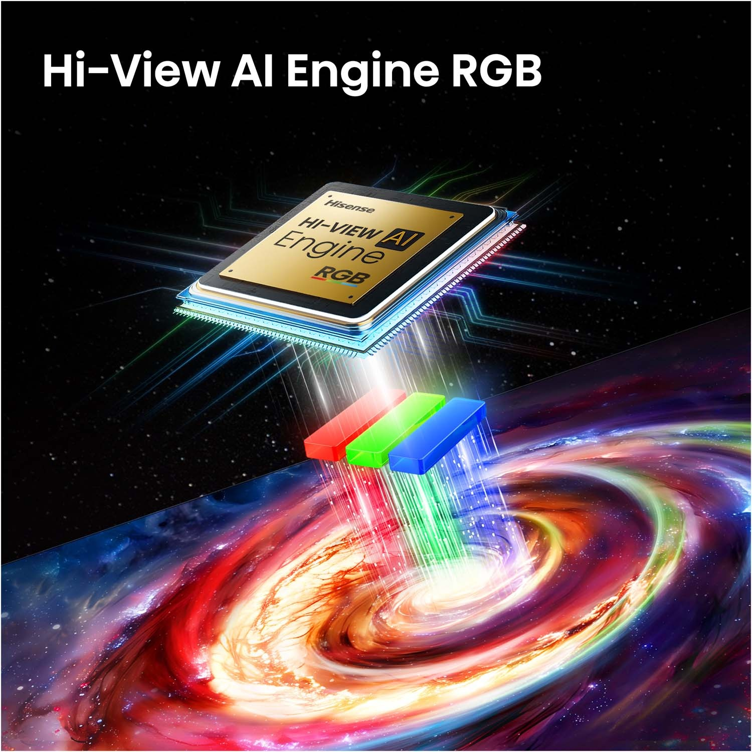 Chip Hi-View AI Engine RGB con raggi rossi, verdi e blu su sfondo cosmico.