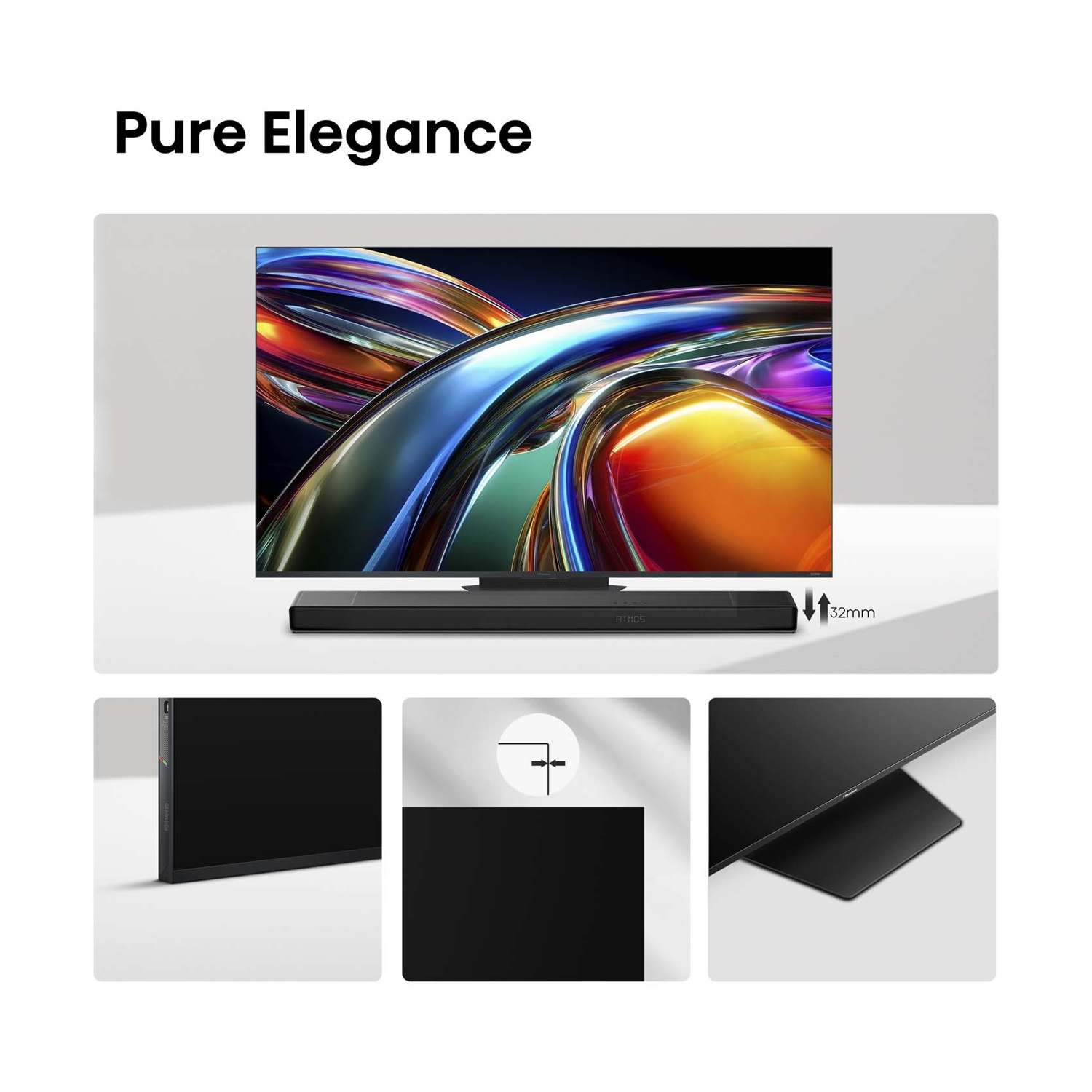 Una TV moderna con grafica astratta colorata sullo schermo e soundbar sotto.