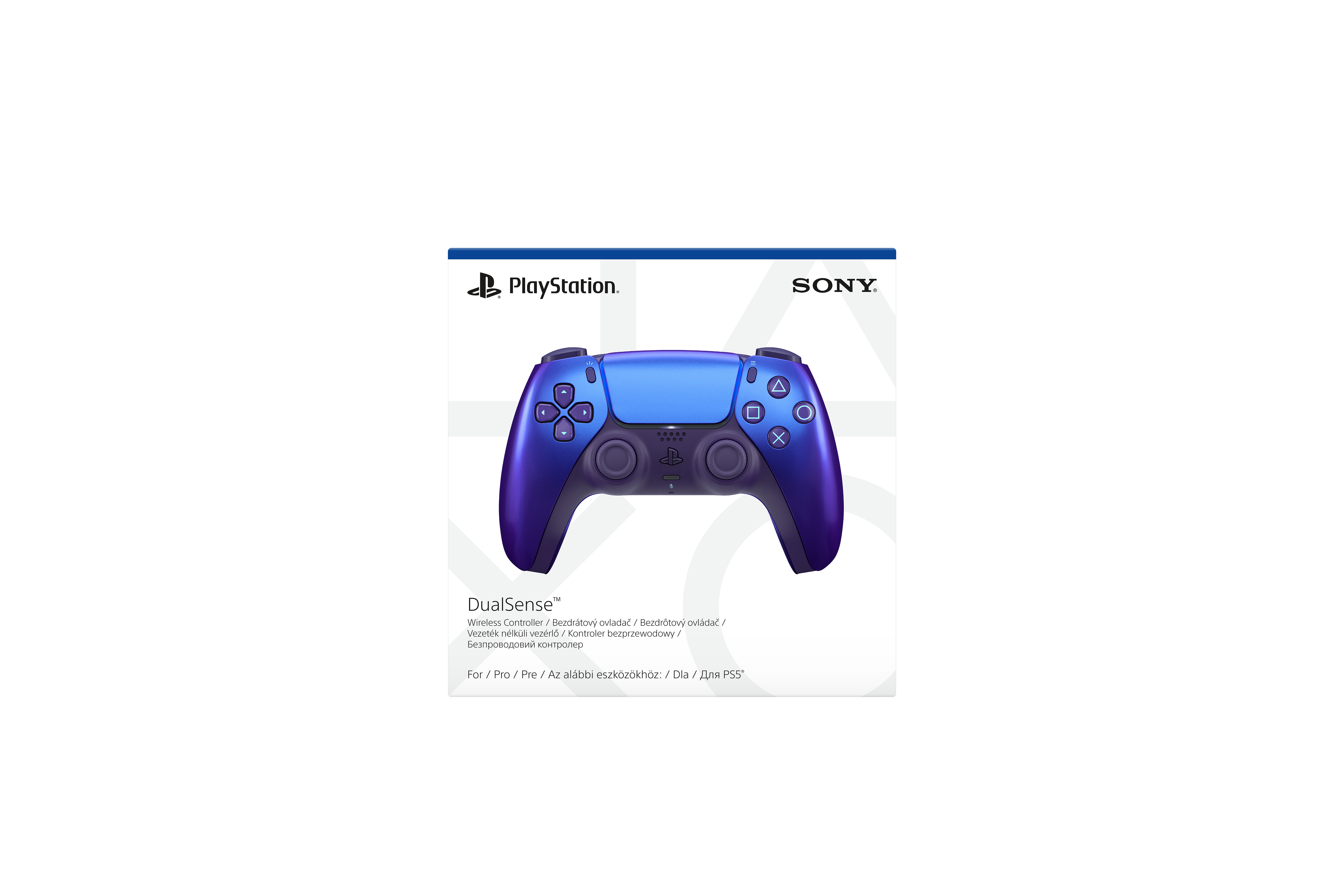 Sony ve PlayStation logolu mor PlayStation DualSense kontrolcü.