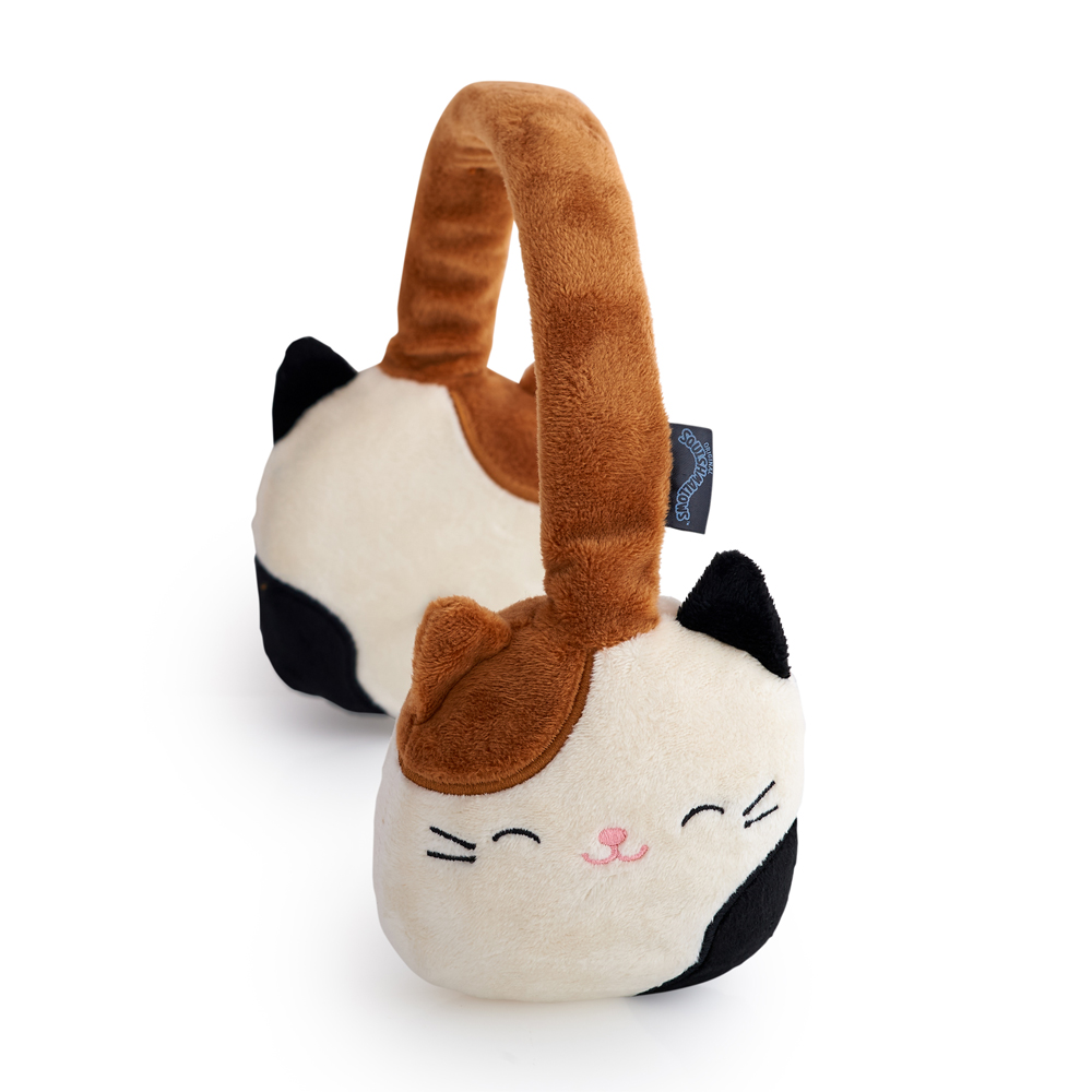 Ein flauschiger Katzen-Ohrenschützer mit braunem Bügel und weißem Fell.