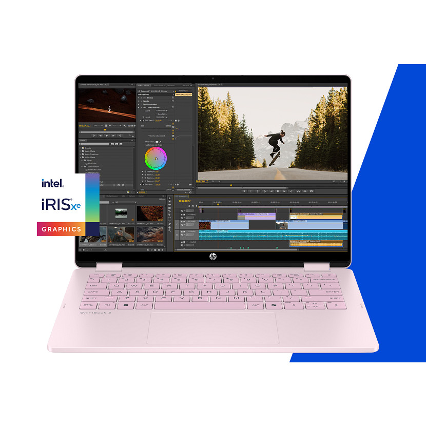 Un ordinateur portable HP rose avec graphiques Intel Iris Xe affiche un logiciel de montage vidéo.