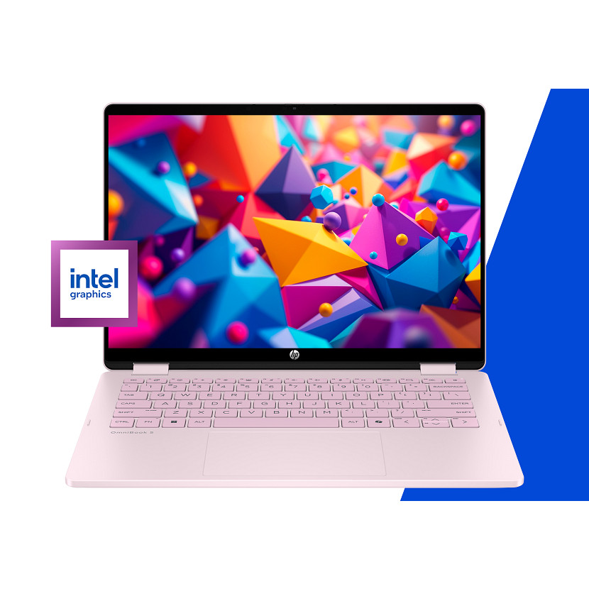 Un ordinateur portable HP rose pâle avec logo Intel Graphics et fond d'écran coloré.
