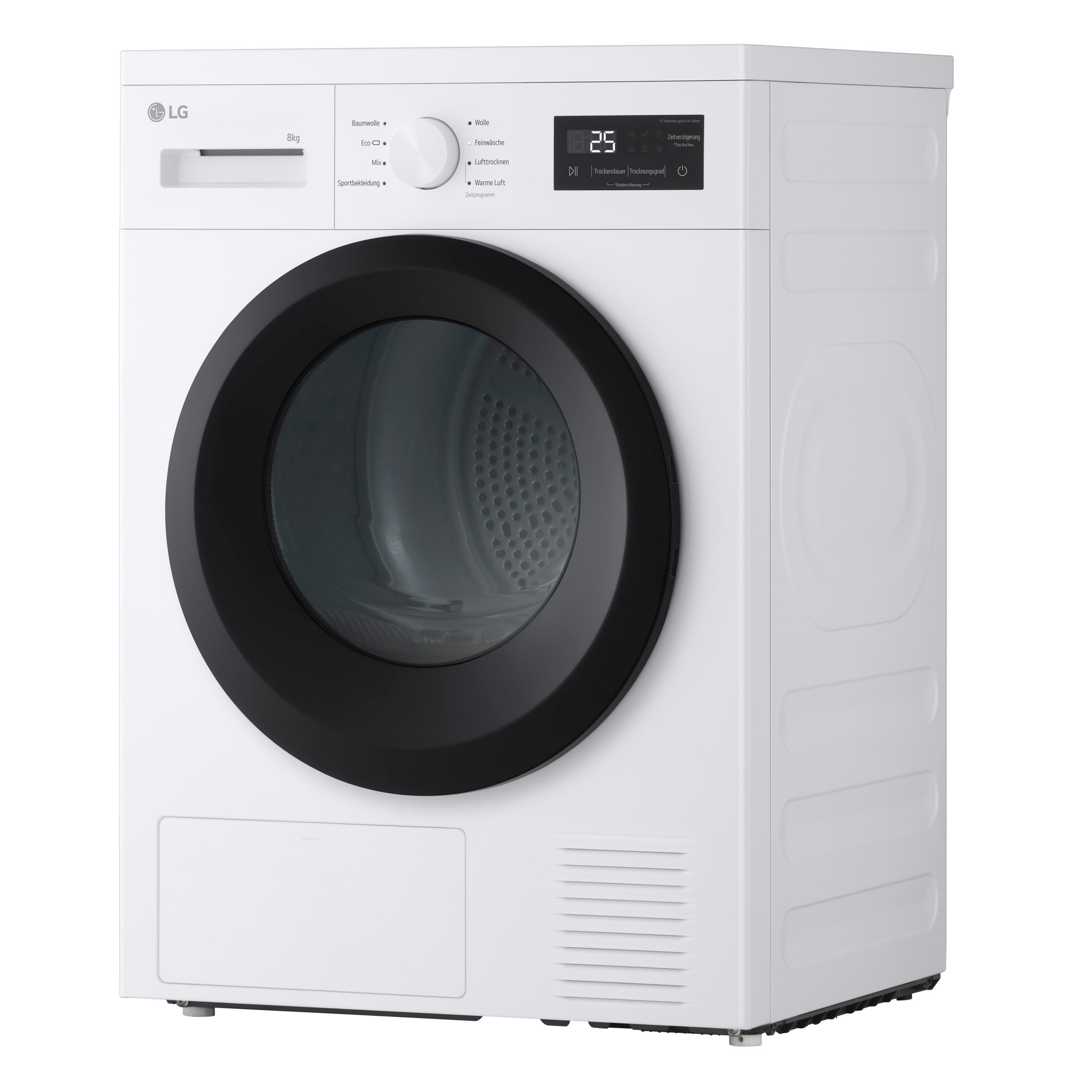 Eine weiße LG-Wäschetrocknermaschine mit schwarzem Bullauge und Bedienfeld.