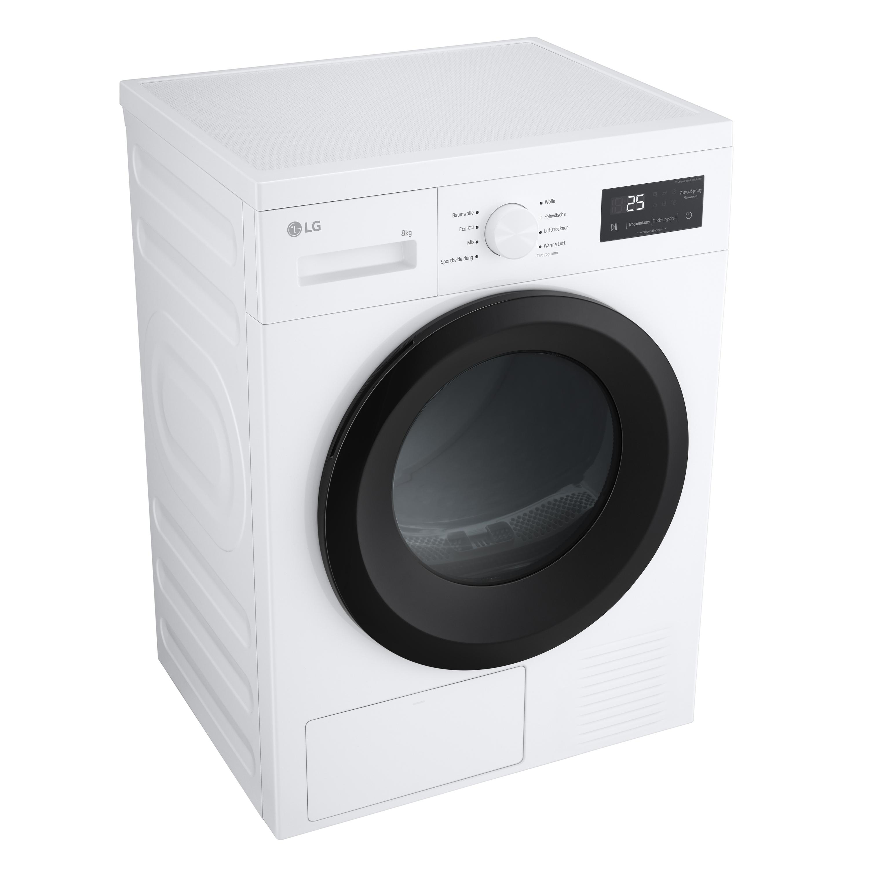 Eine weiße LG-Waschmaschine mit einem schwarzen Bullauge und einem digitalen Display.