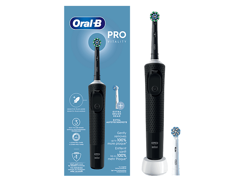Cepillo eléctrico - Oral-B Vitality Pro, Con 2 Cabezales, Diseñado Por Braun, Negro