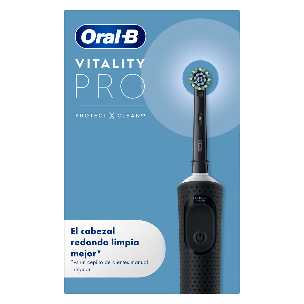 Cepillo de dientes negro Oral-B Vitality Pro con cabezal redondo y detalles azules.