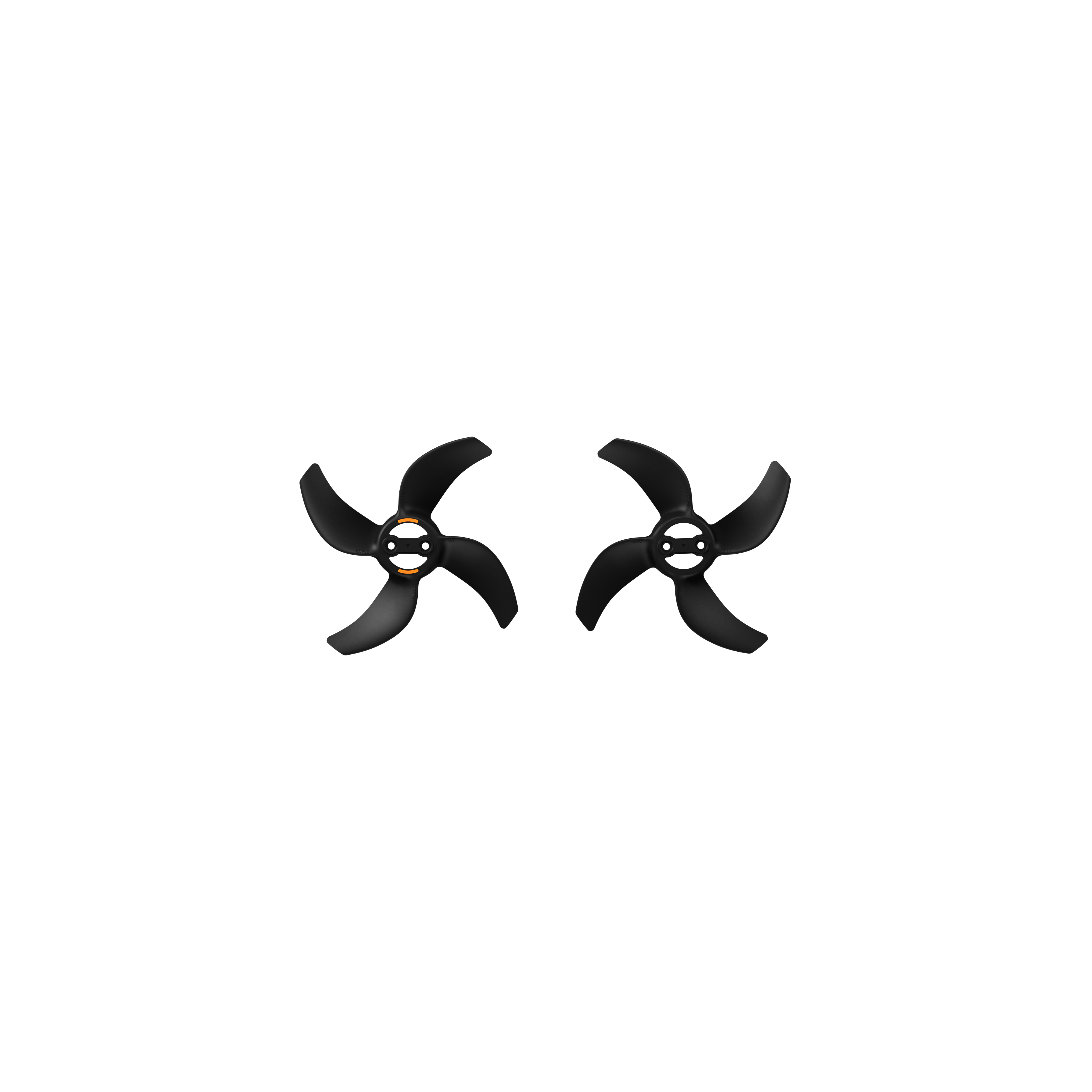 Zwei schwarze Propeller mit orangefarbenen Akzenten auf schwarzem Hintergrund.