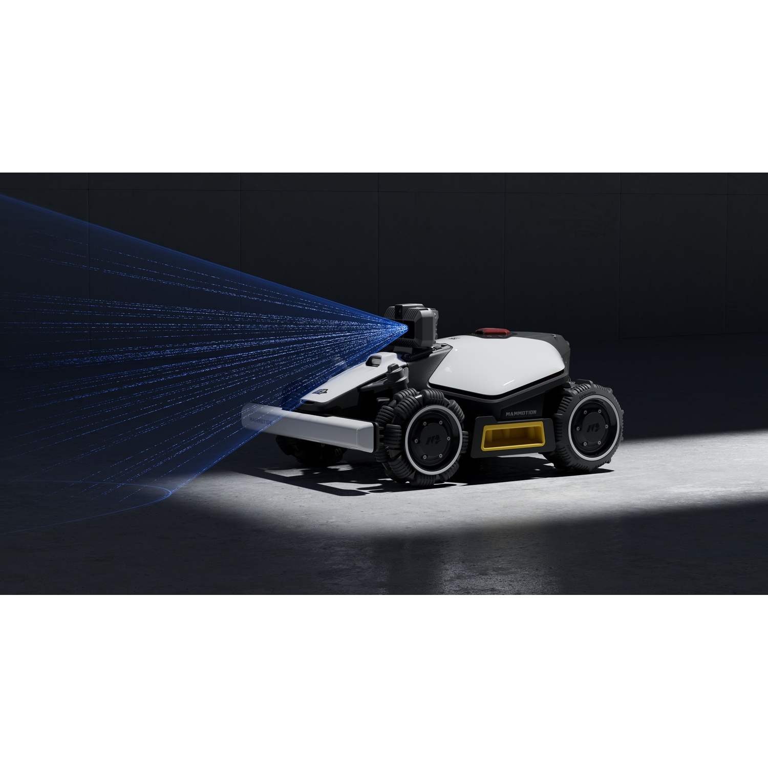 Un robot bianco a quattro ruote spruzza un raggio blu sul pavimento.