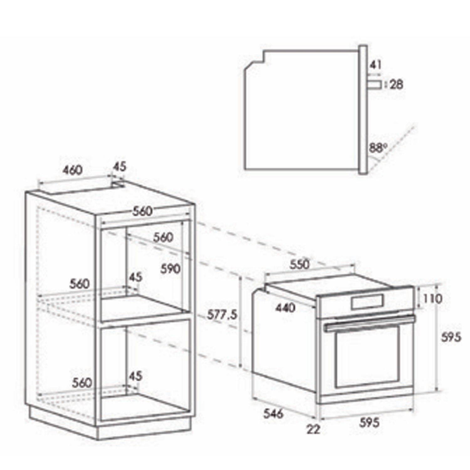 Dibujo técnico de un horno empotrable con dimensiones.