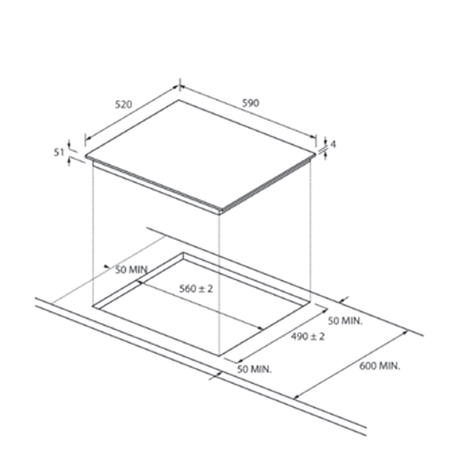 Diagrama de instalación con dimensiones para una placa de cocina. Superior 590x520mm, corte 560x490mm.