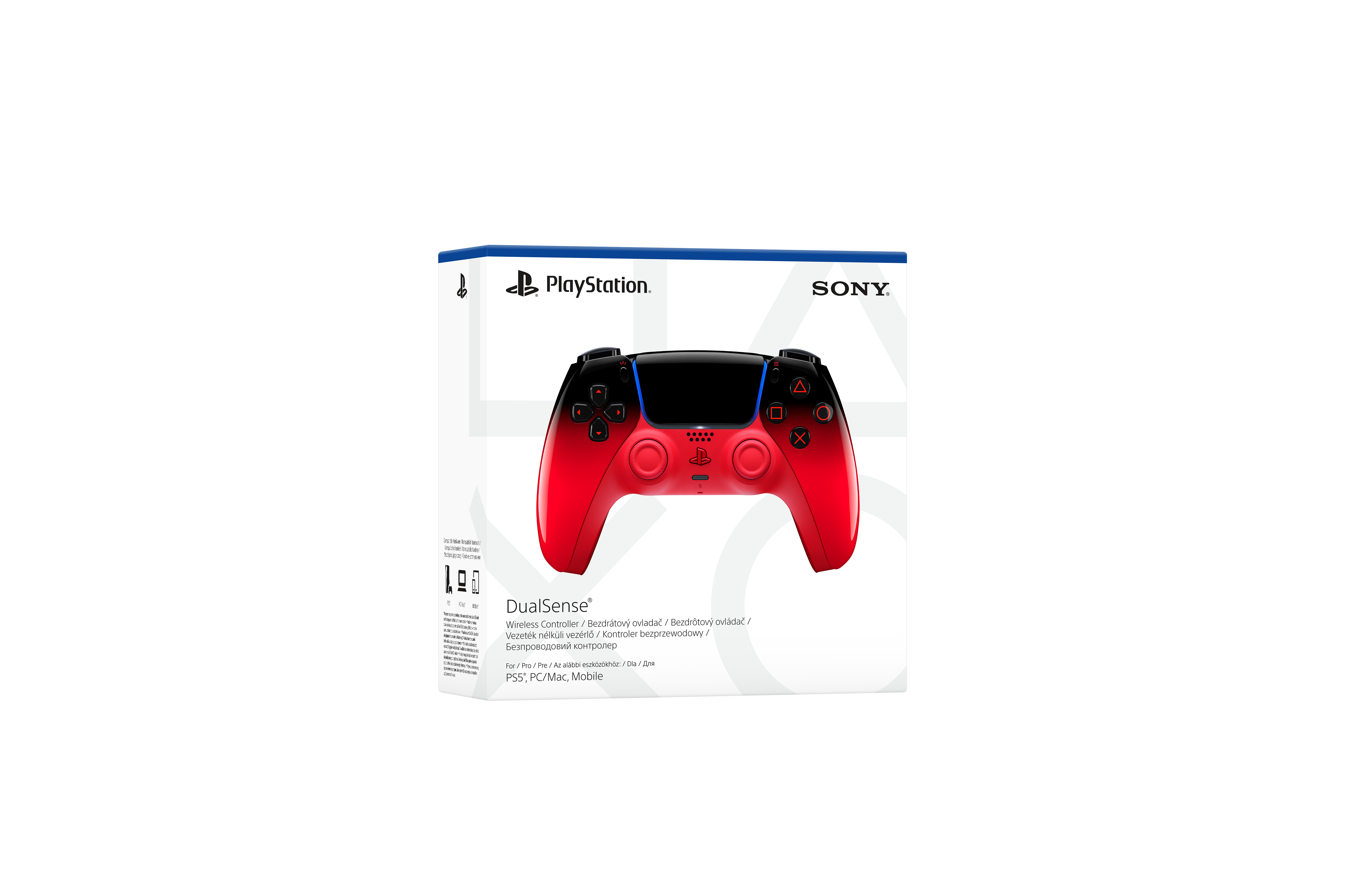 Kontrolcü resmi bulunan kırmızı ve siyah PlayStation DualSense kontrolcü ambalajı.