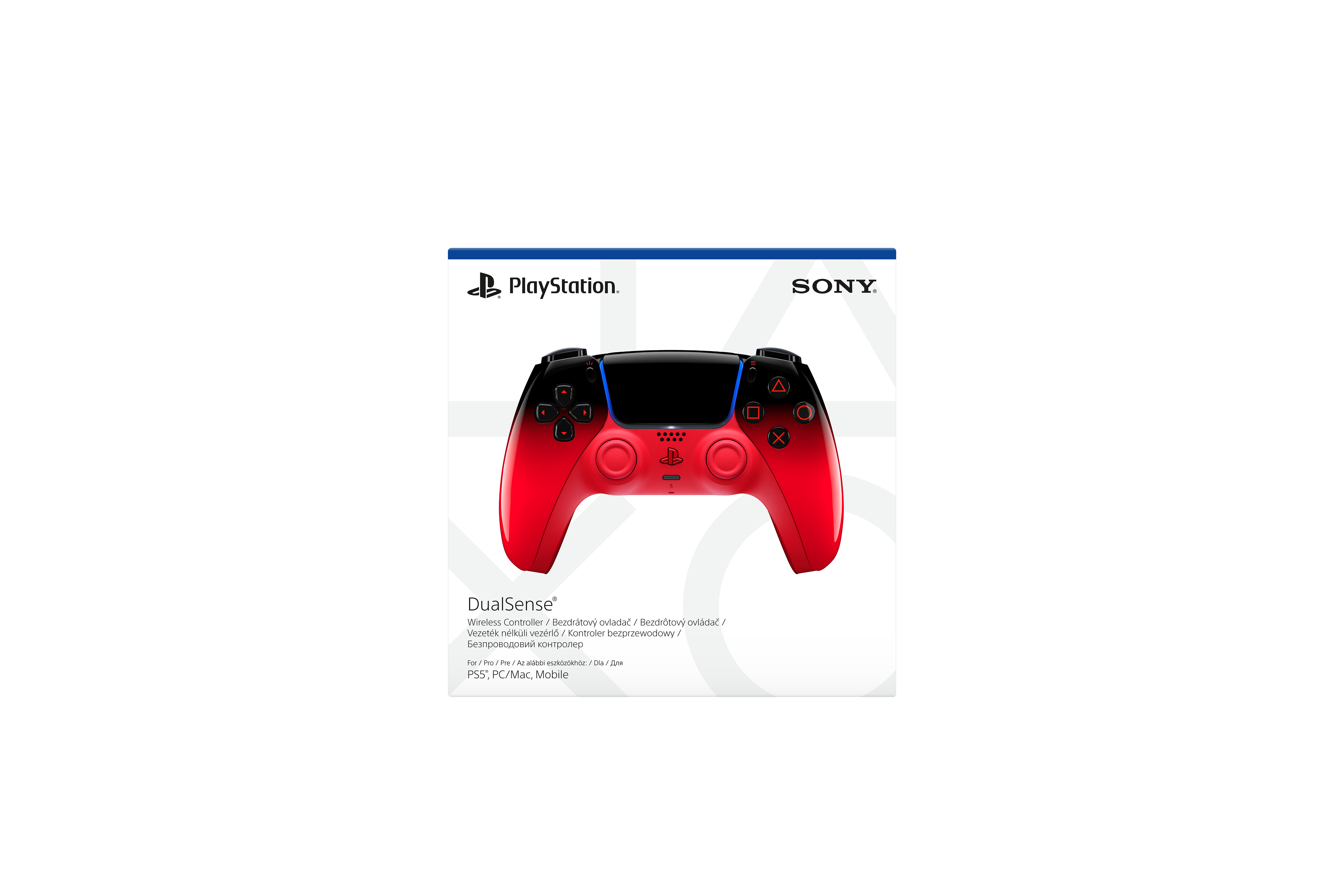 Mavi vurgulara sahip kırmızı ve siyah bir PlayStation DualSense kontrol cihazı.