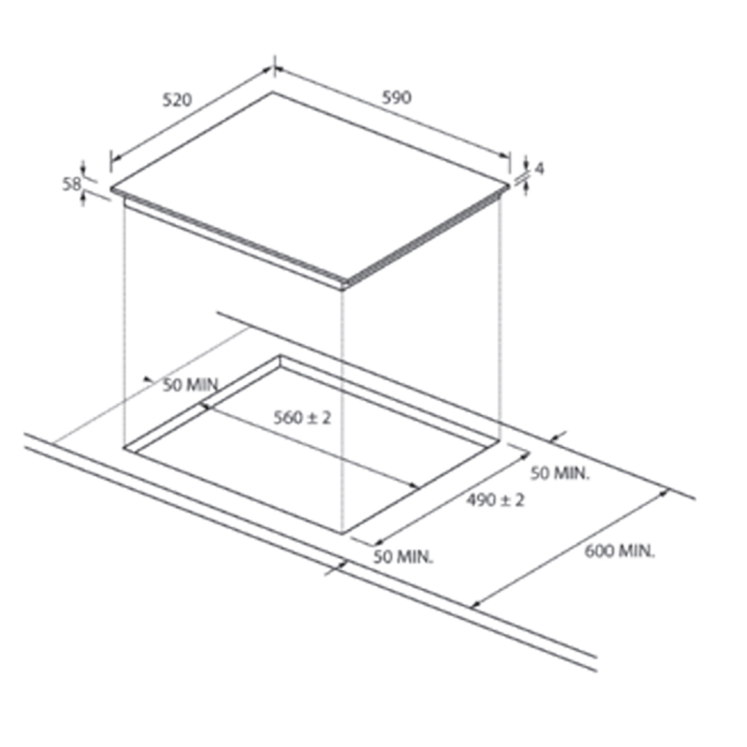 Dibujo técnico de una placa de cocina con dimensiones en mm.