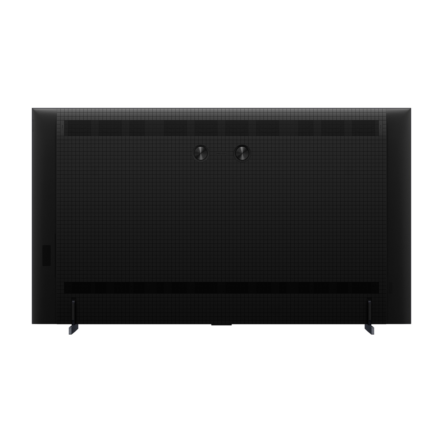 Retro di una TV nera con motivo a griglia e due piedini di supporto.