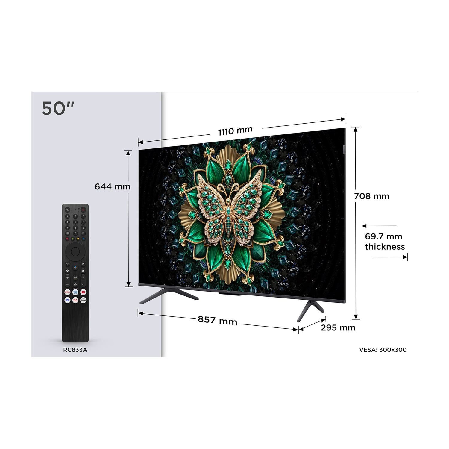 TV da 50 pollici con telecomando e dimensioni dettagliate.