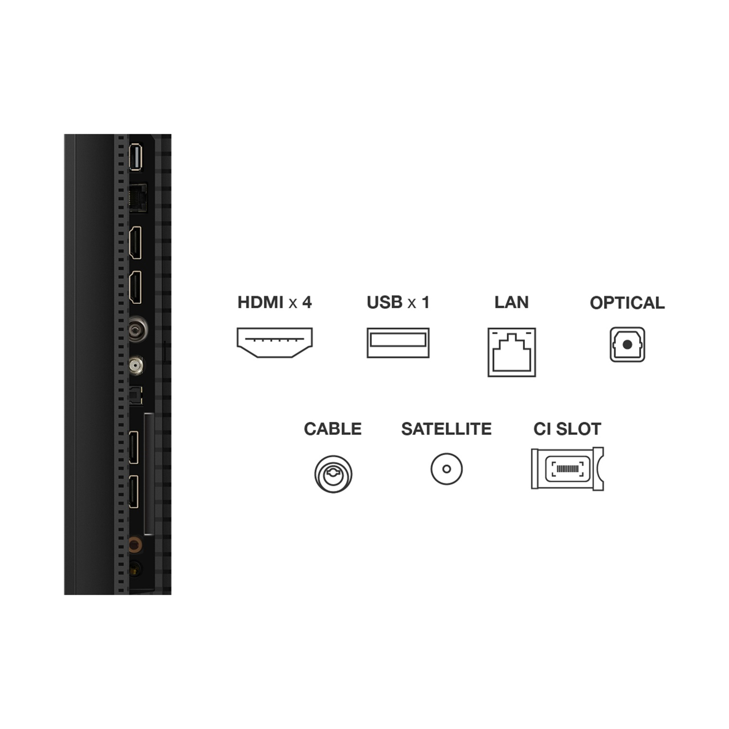 Pannello connessioni con HDMI, USB, LAN, ottico, cavo, satellite e slot CI.