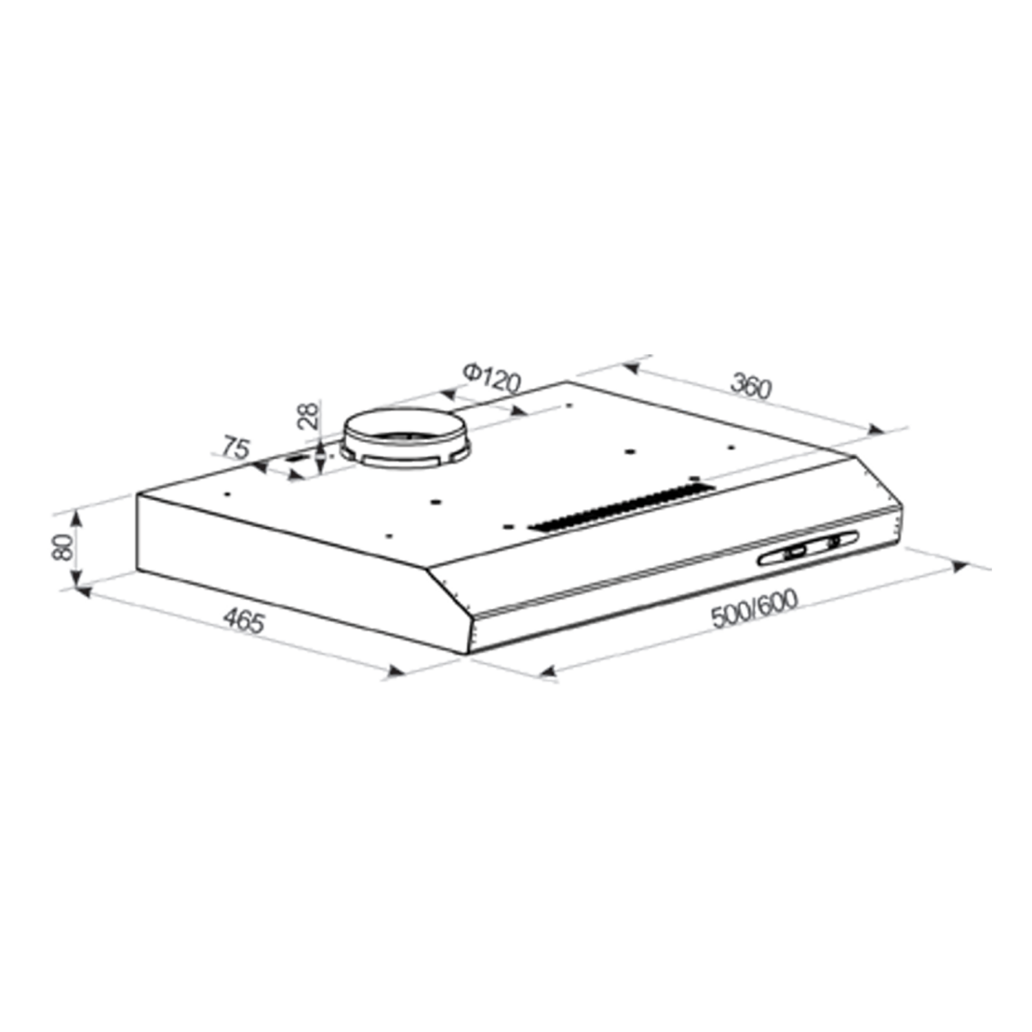 Dibujo técnico de una campana extractora con dimensiones.