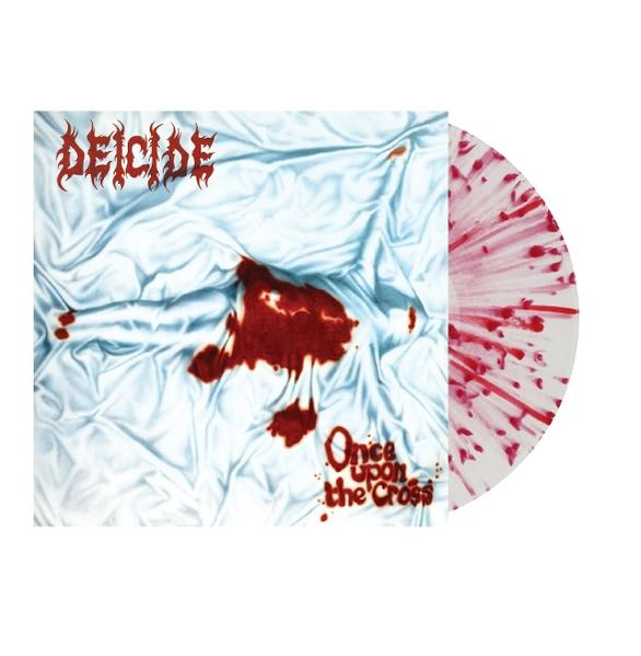 Schallplatte mit blutigem Muster auf weißem Stoff. Text: DEICIDE