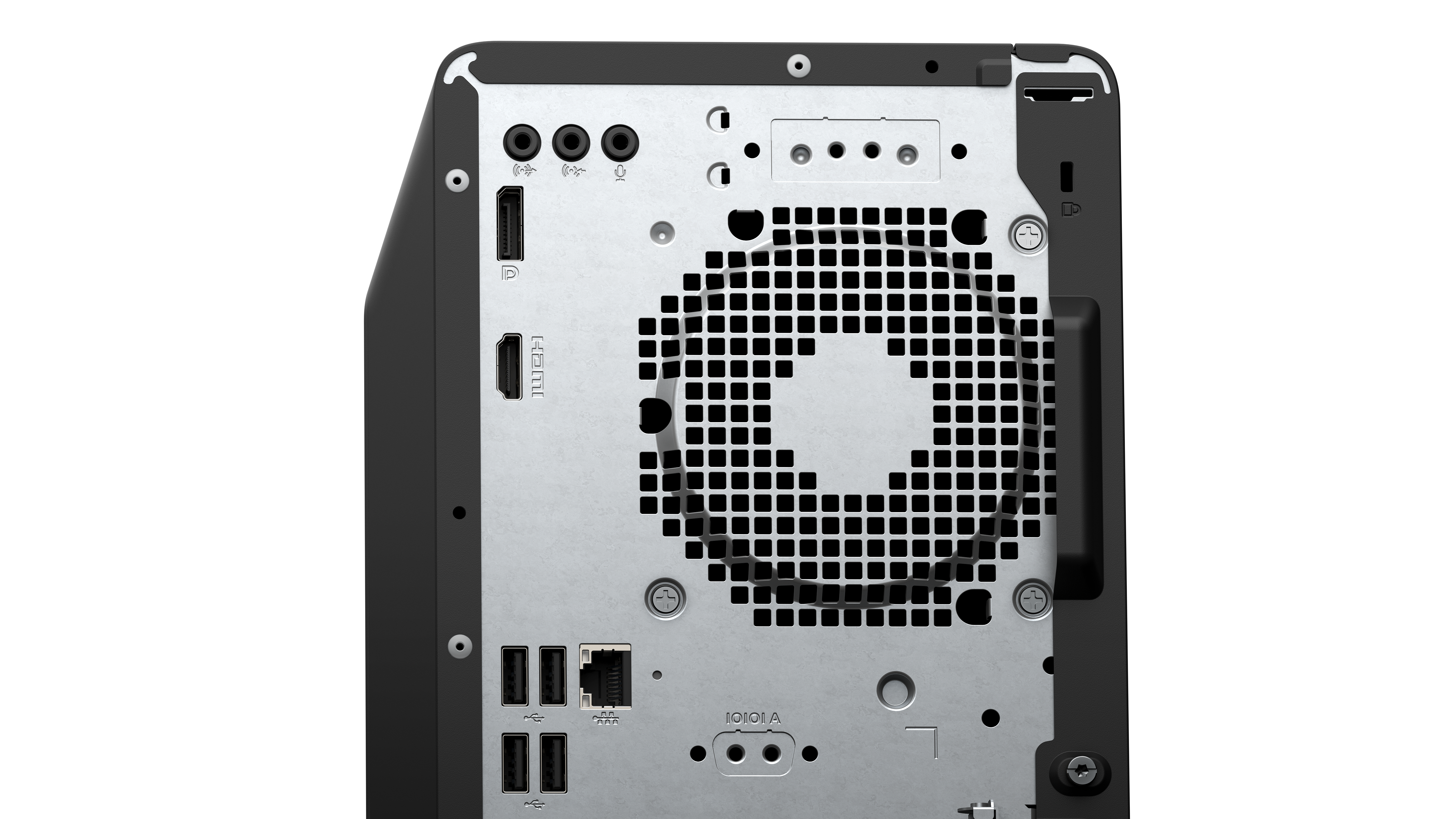 Rückseite eines Computers mit Anschlüssen: USB, HDMI, Audiobuchsen und Lüfter.