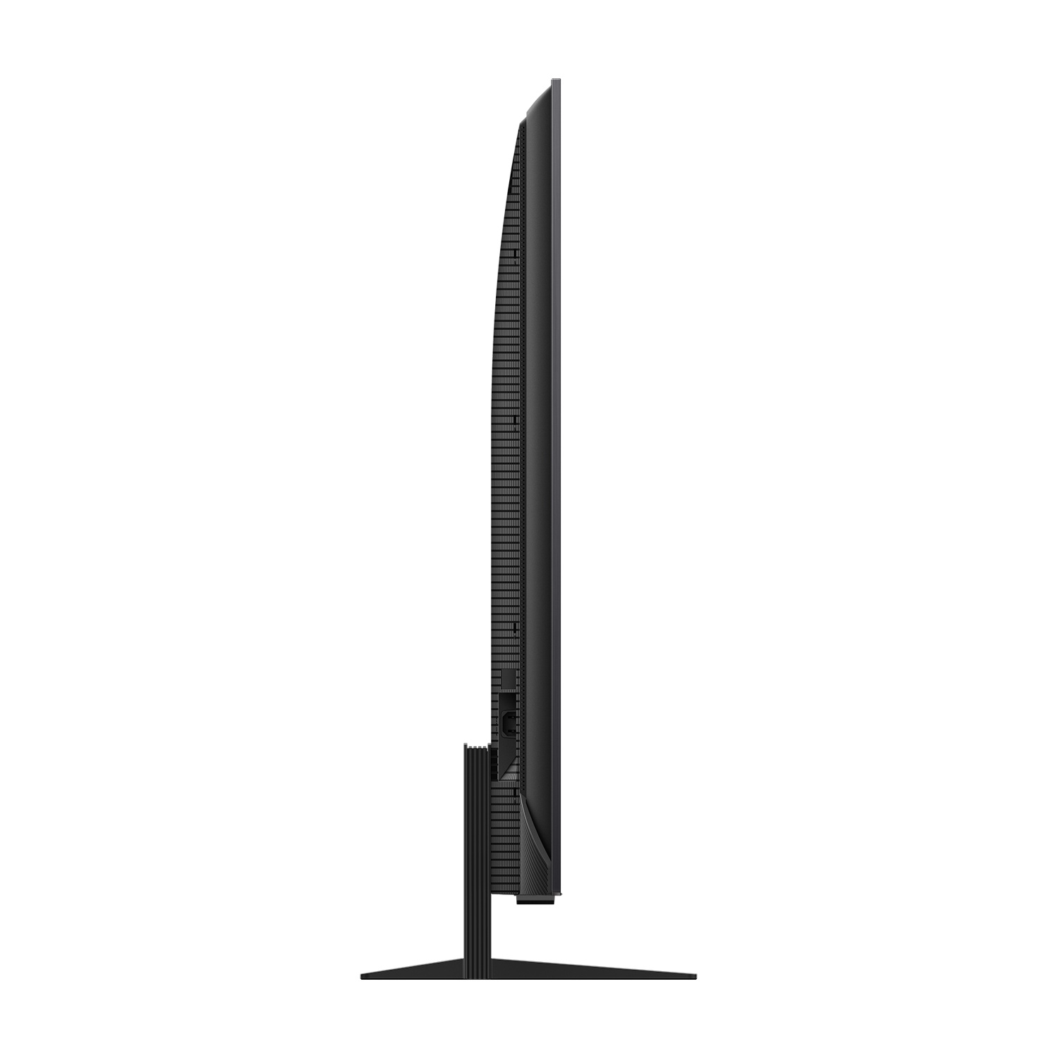 Vista laterale di una TV nera sottile con supporto stretto su sfondo bianco.