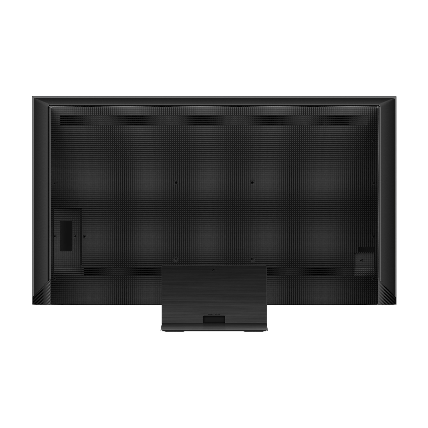Retro di una TV nera con supporto e porte.