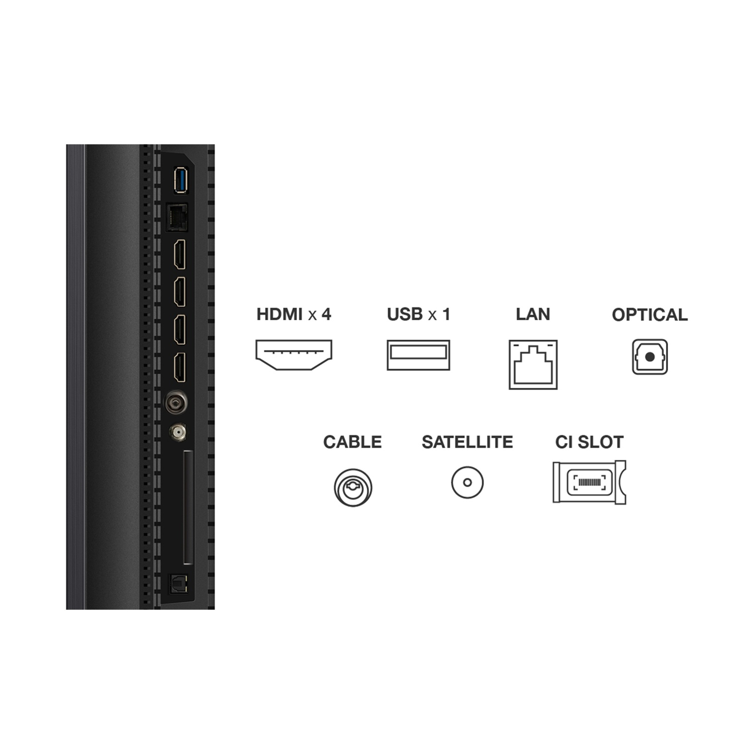Connessioni: HDMI x4, USB x1, LAN, Ottico, Cavo, Satellite, Slot CI.