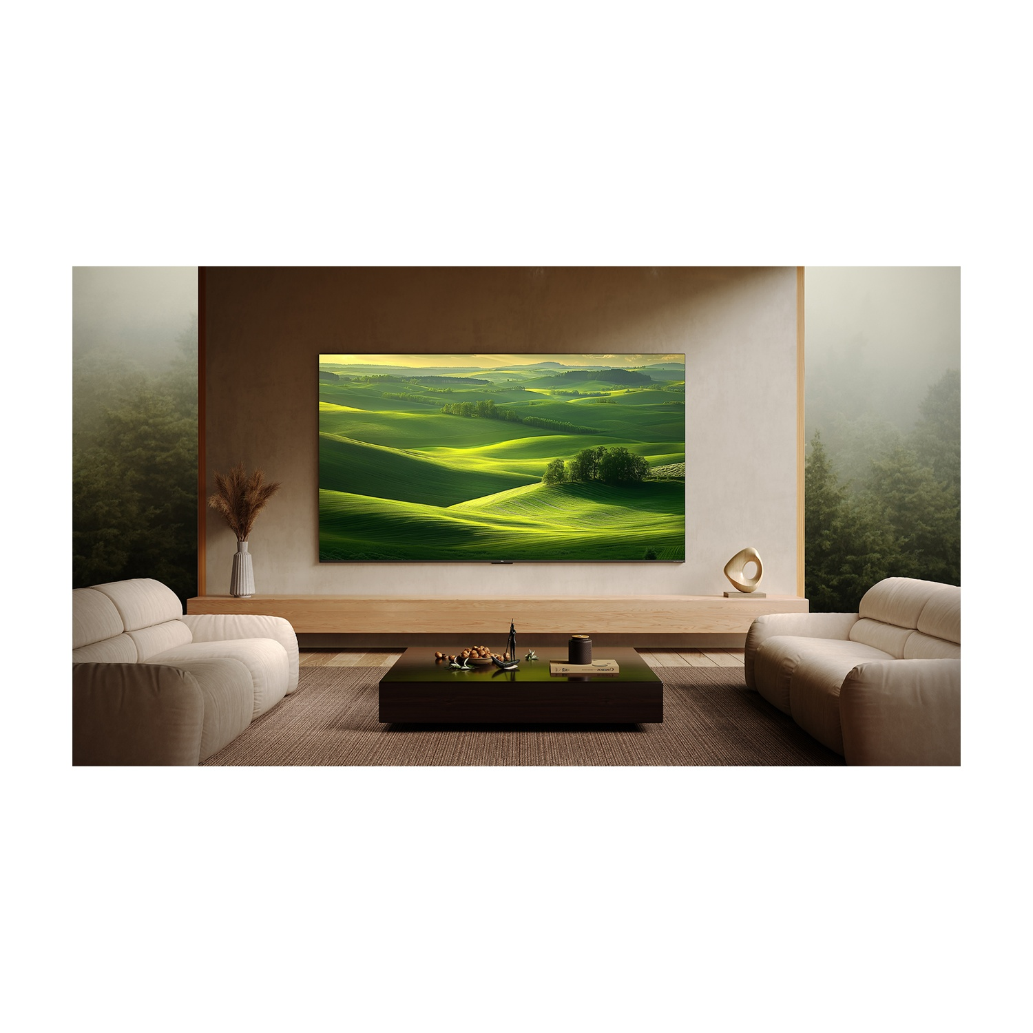 Un soggiorno con due divani, un tavolino e una grande TV con paesaggio.