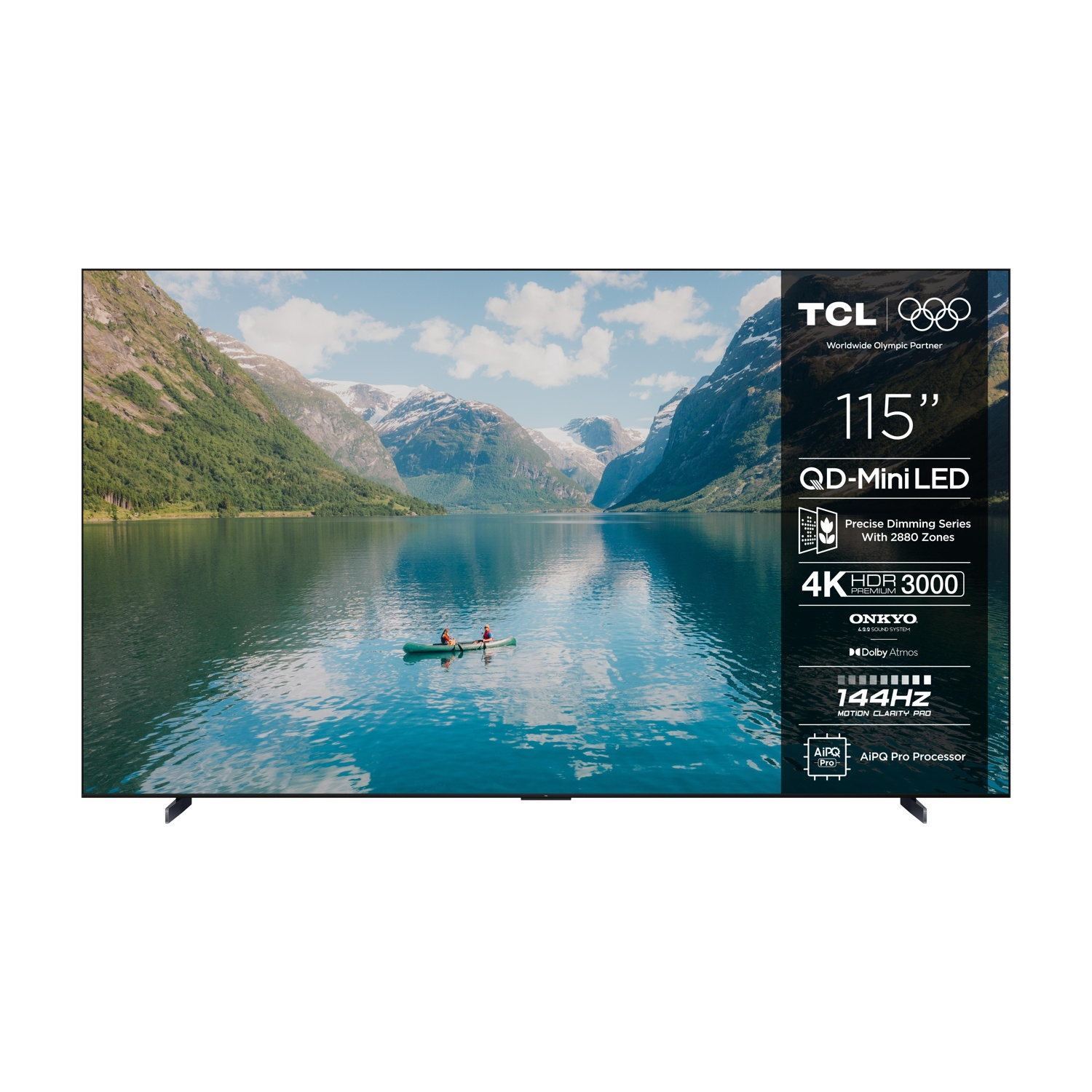 Una TV TCL da 115 pollici con tecnologia QD-Mini LED che mostra un paesaggio montano con una canoa.