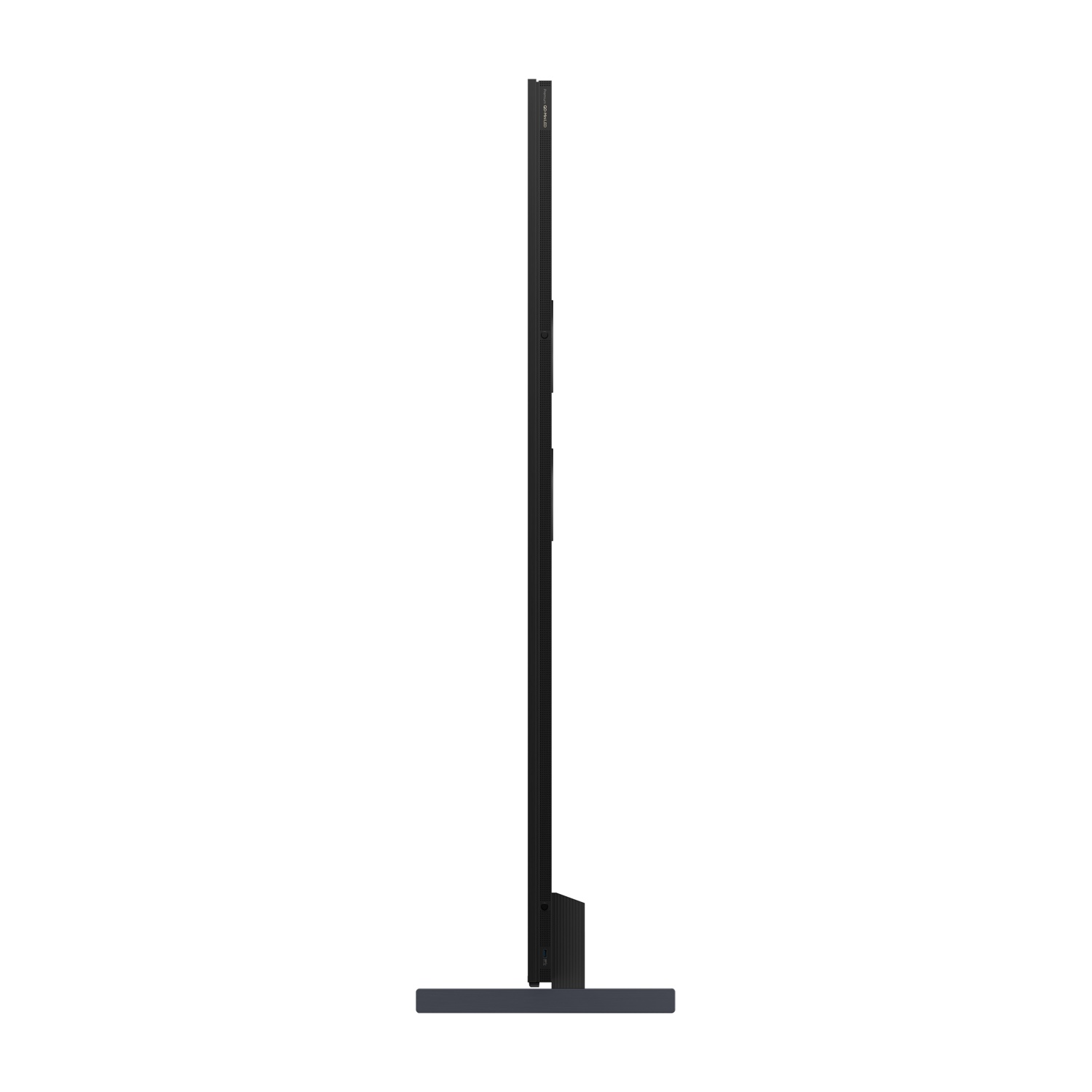 Una TV nera sottile con base stretta su sfondo bianco.