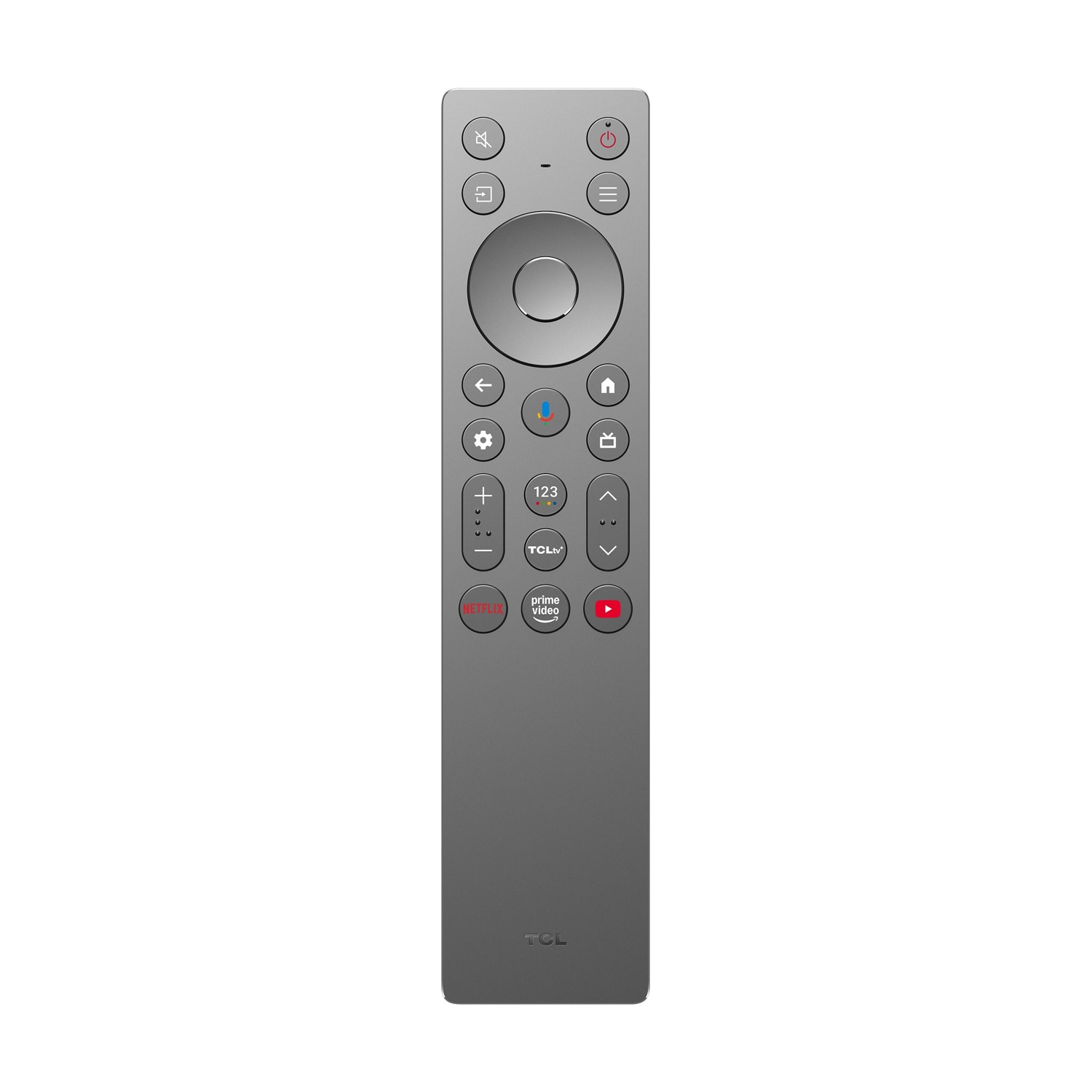 Un telecomando grigio con pulsanti per accensione, volume, navigazione e app.