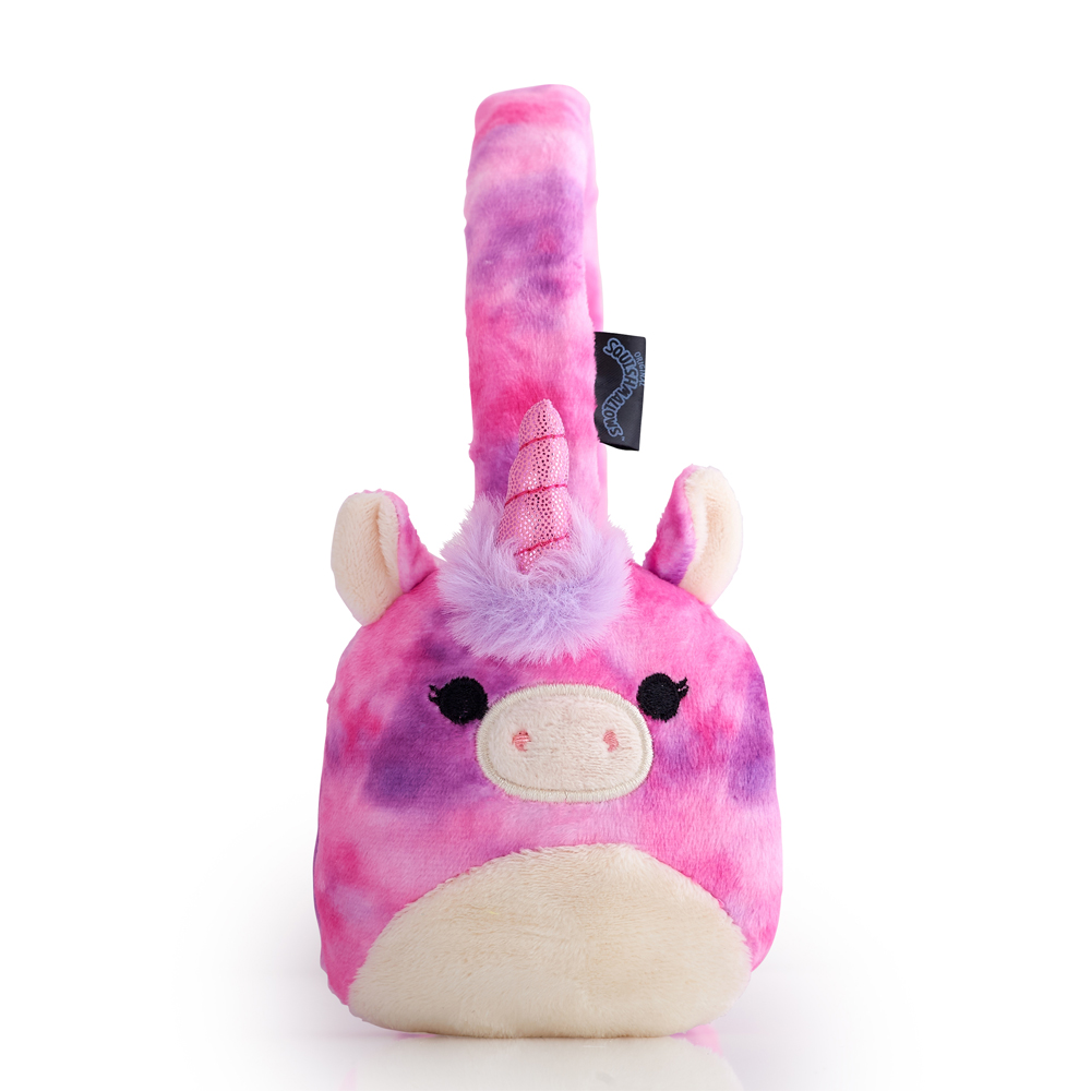Ein rosa und violetter Einhorn-Plüsch mit Griff und glitzerndem Horn.