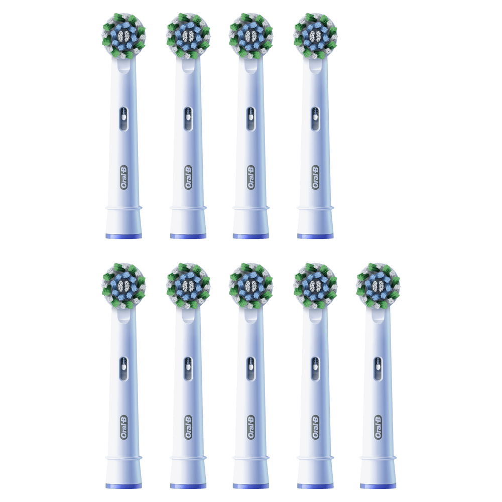 Diez cabezales de cepillo de dientes Oral-B blancos con cerdas azules y verdes.