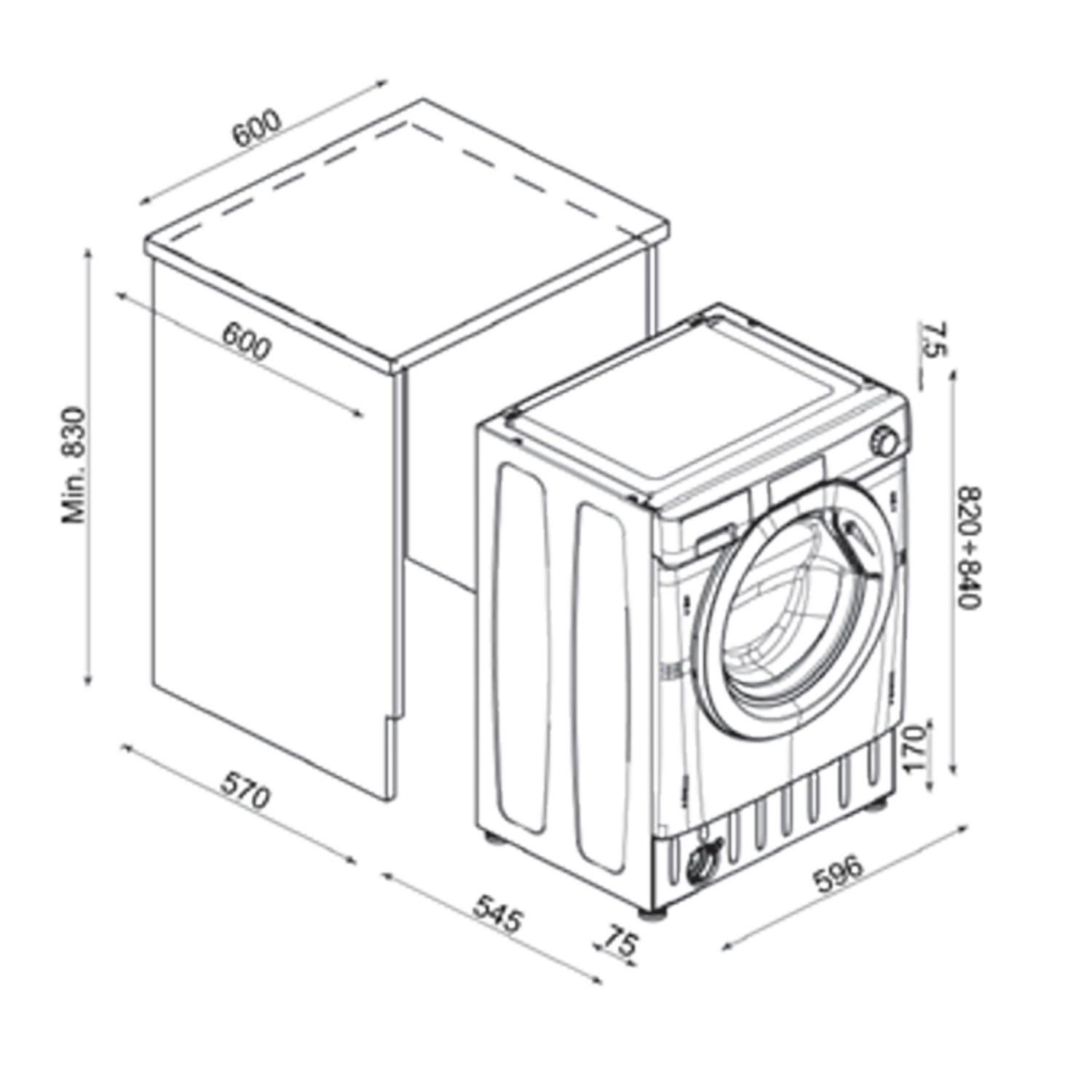 Dibujo técnico de lavadora y mueble con dimensiones.