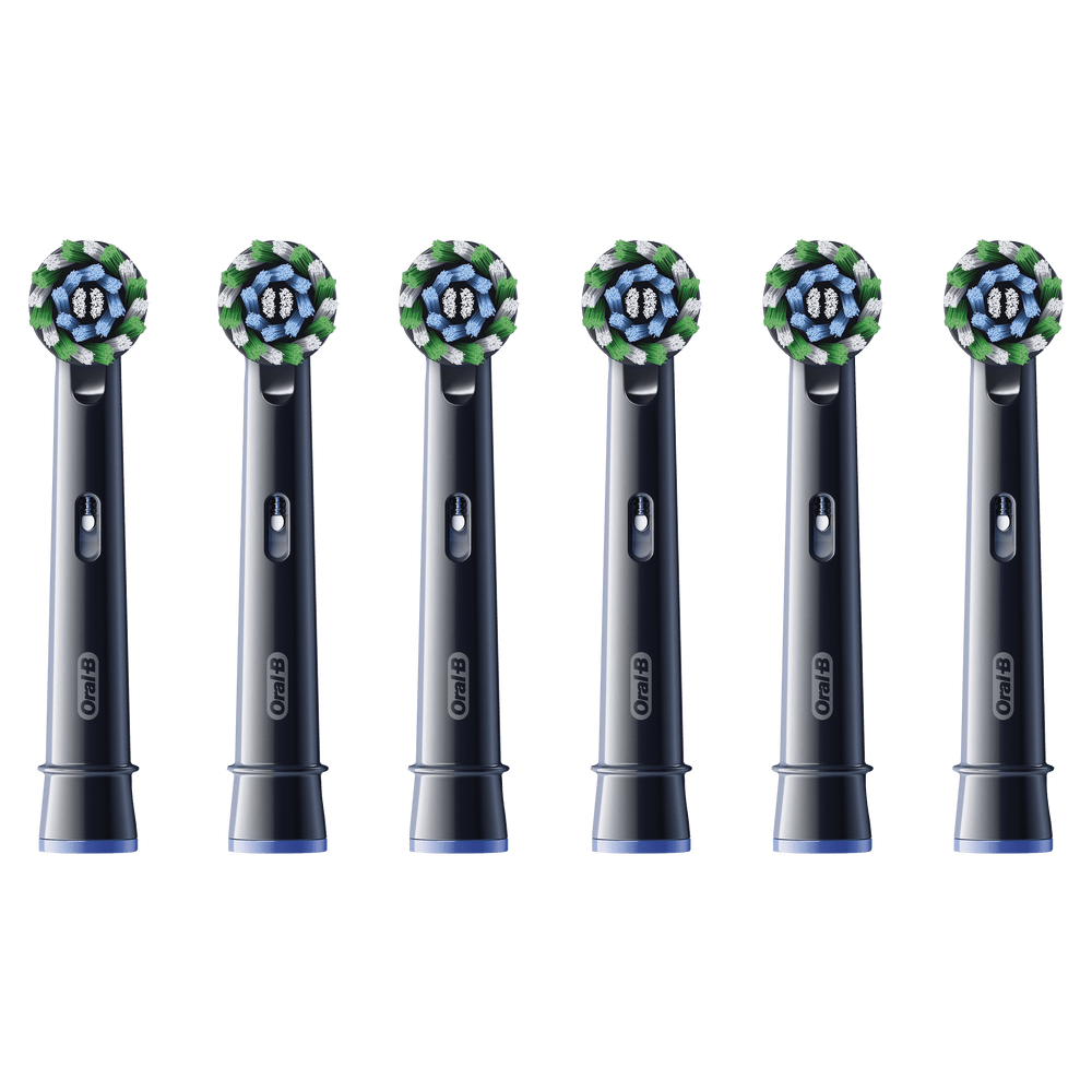 Seis cabezales negros Oral-B con cerdas azules, verdes y blancas sobre fondo verde.
