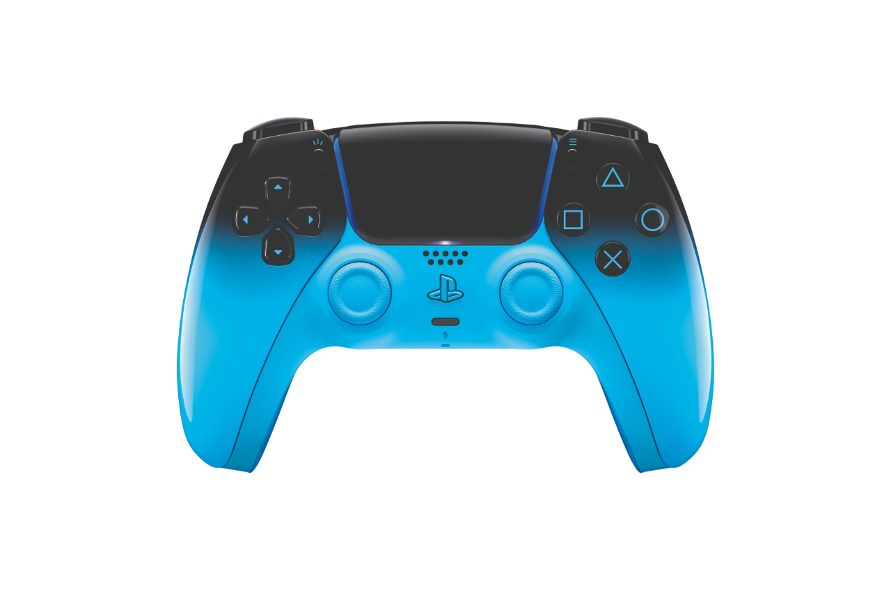 Siyah arka plan üzerinde PlayStation sembolleri bulunan mavi ve siyah bir kontrolcü.