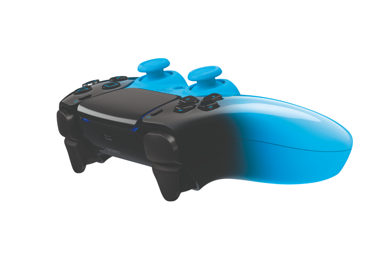 Parlak mavi vurgulu, siyah ve mavi PlayStation kontrol cihazı.