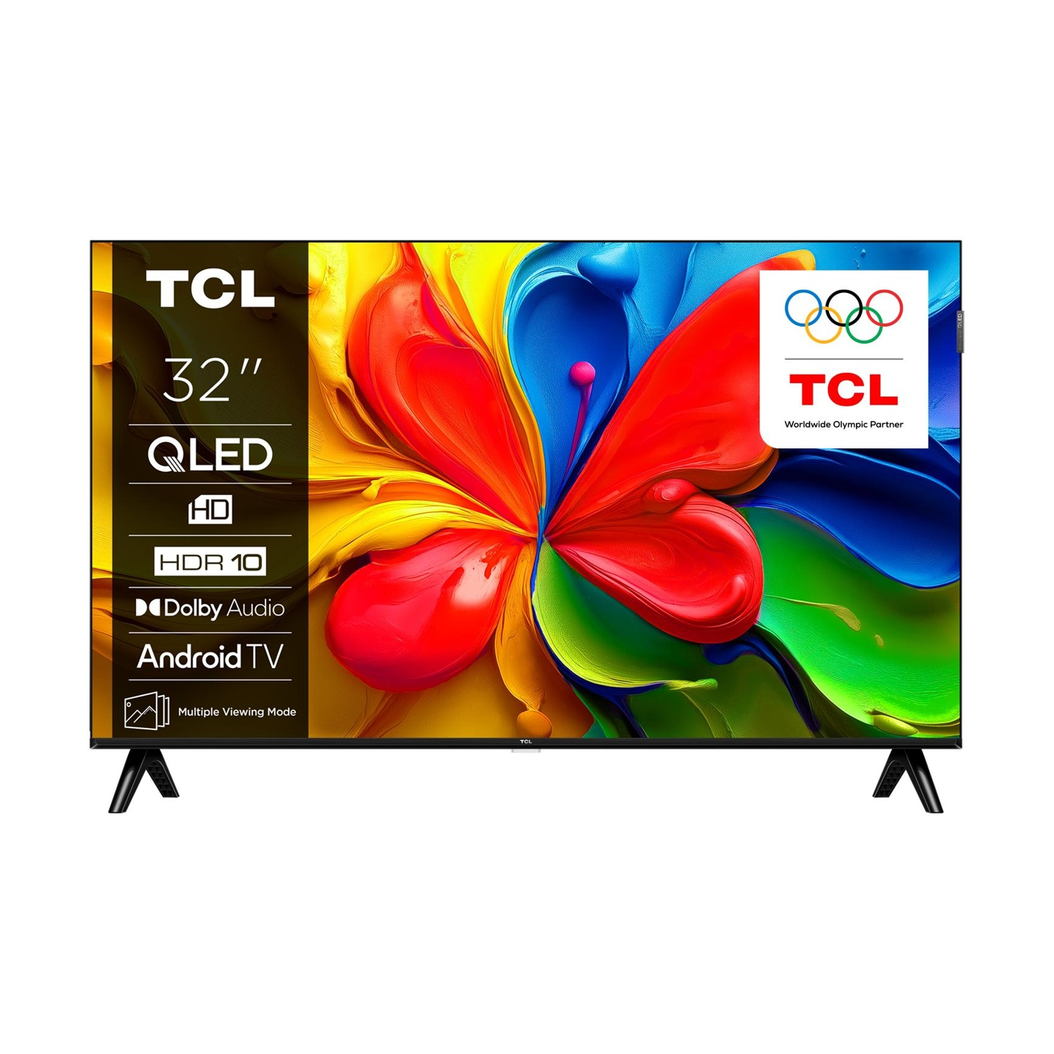 Una TV Android TCL 32" QLED con display colorato e logo degli anelli olimpici.