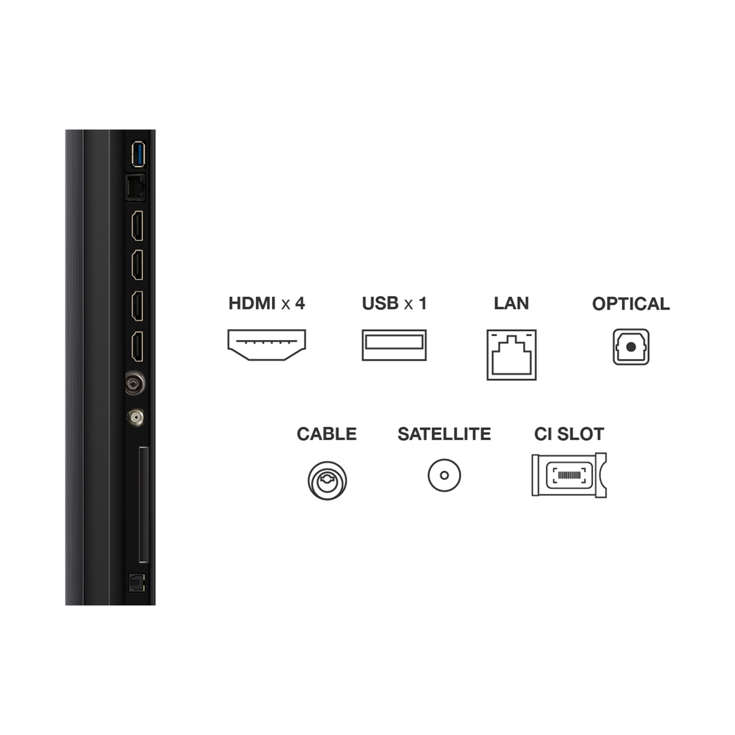 Panoramica connessioni: HDMI x 4, USB x 1, LAN, Ottico, Cavo, Satellite, Slot CI.