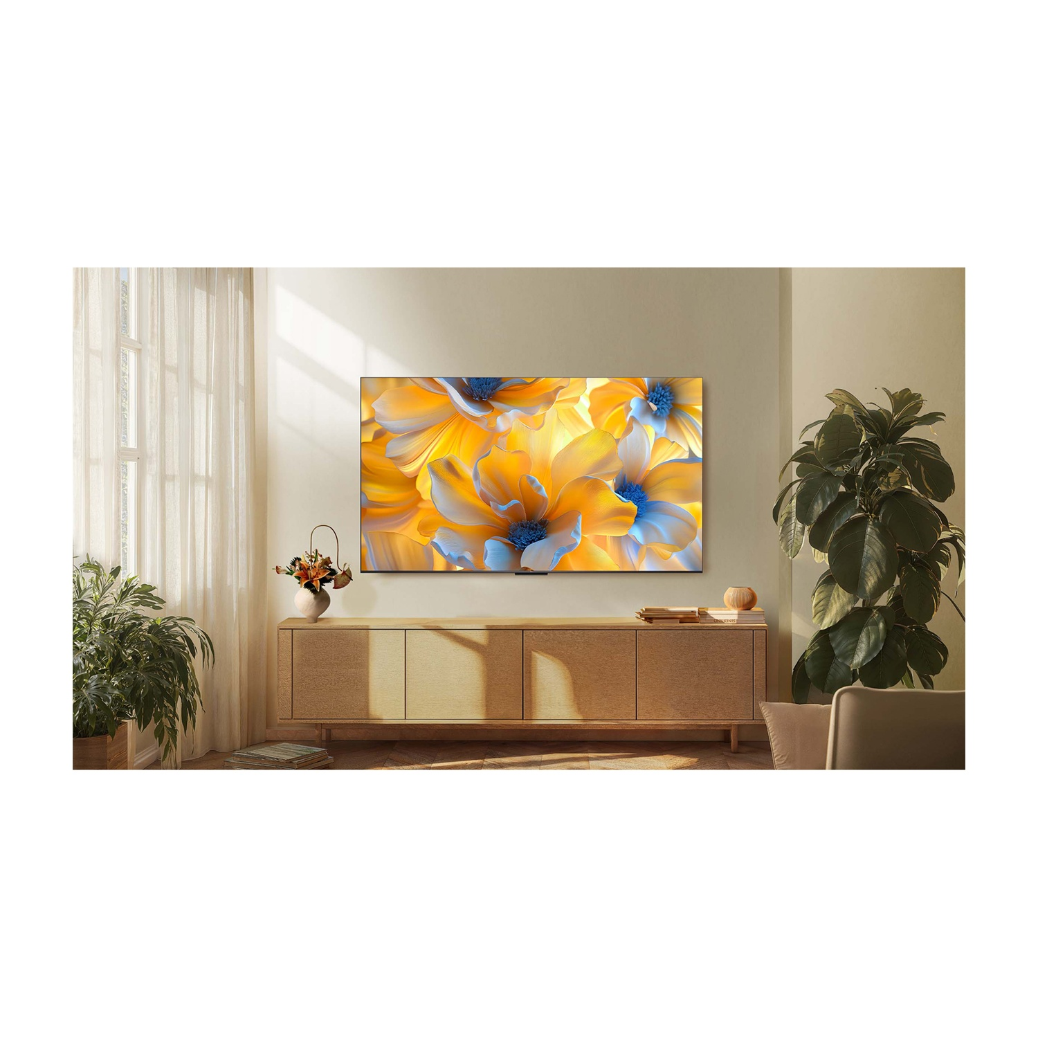 Un soggiorno moderno con un grande televisore che mostra un'immagine floreale.