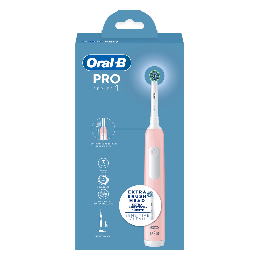 Embalaje de un cepillo de dientes eléctrico Oral-B PRO Series 1 rosa.