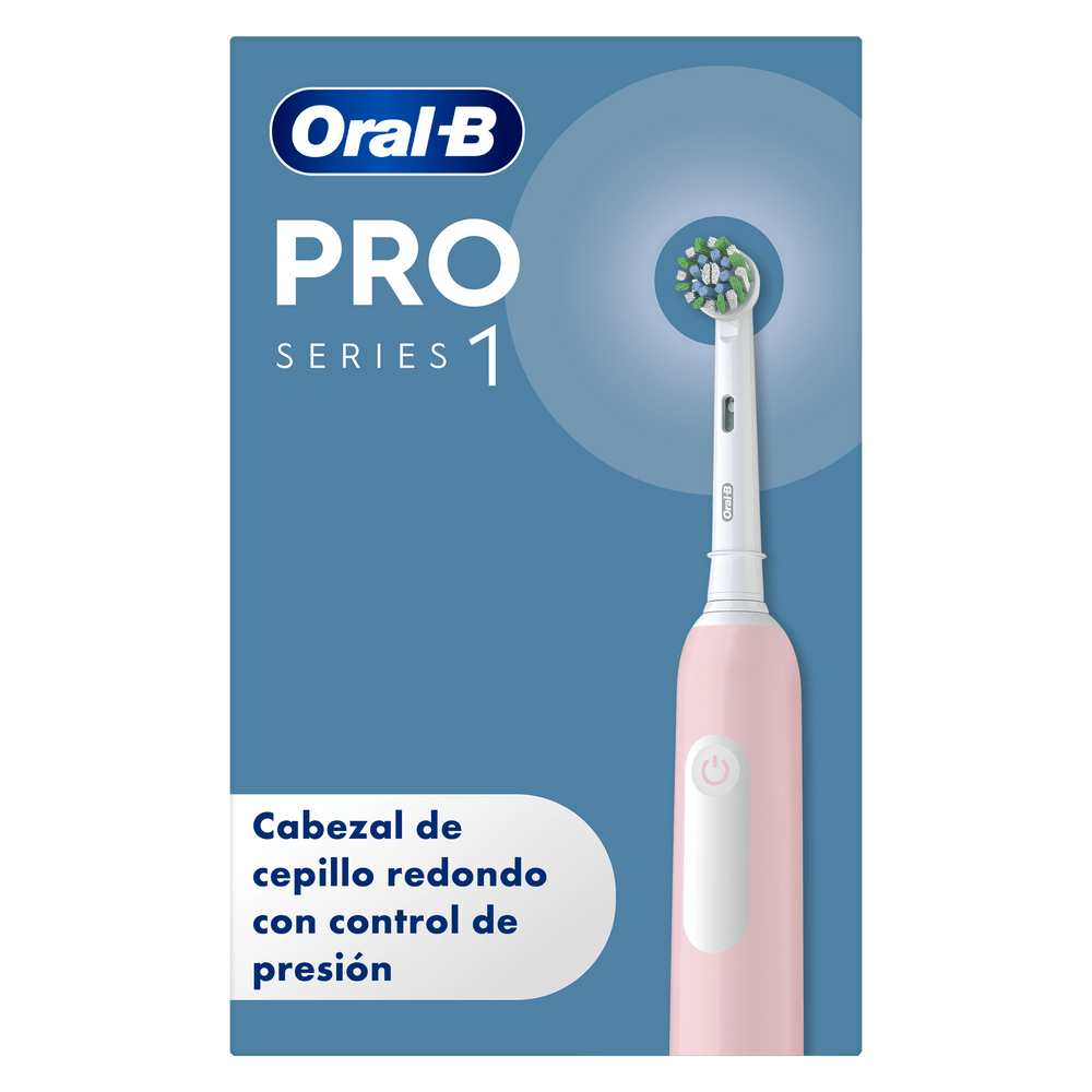 Un cepillo de dientes eléctrico Oral-B Pro Series 1 rosa con cabezal redondo.