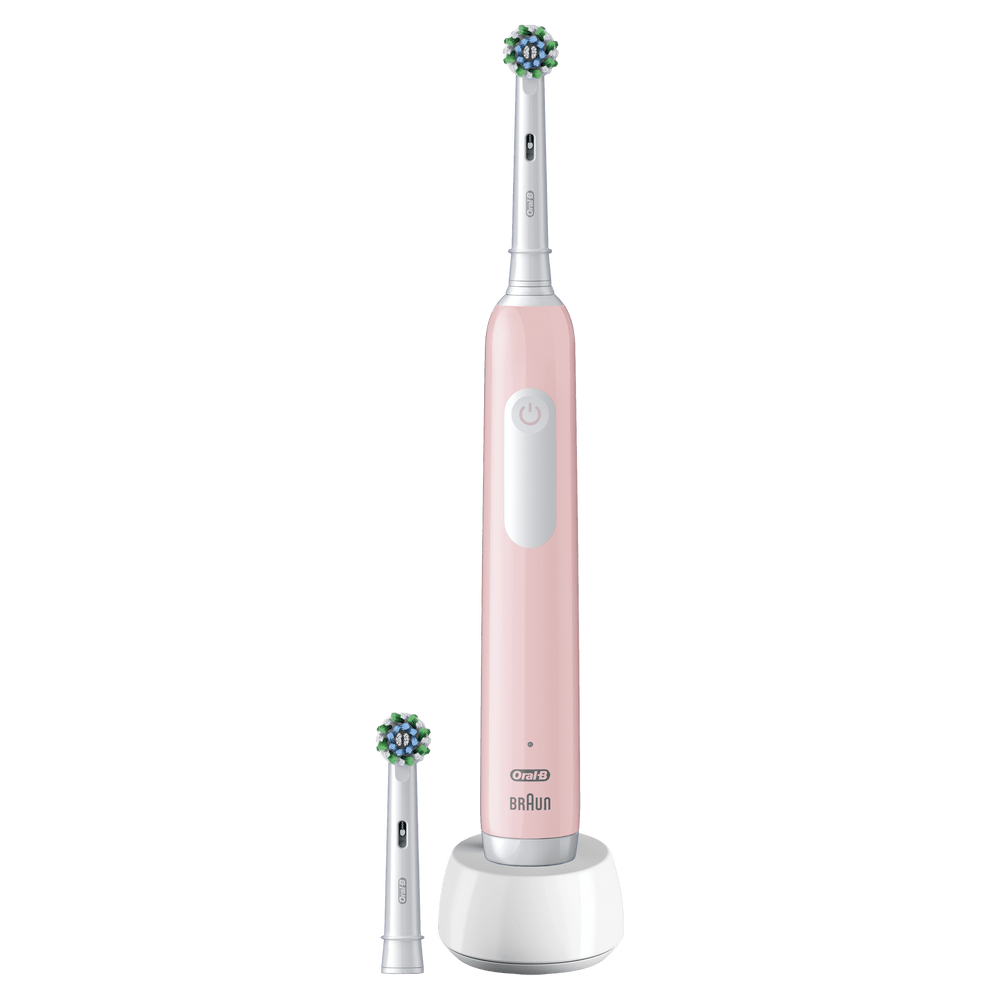 Un cepillo de dientes eléctrico rosa con base y cabezal blancos.
