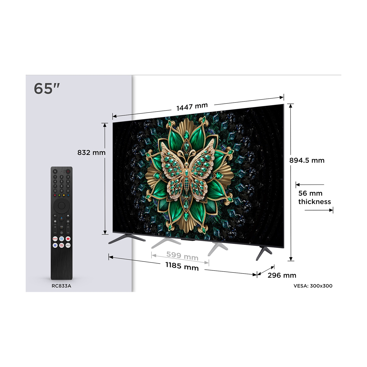 TV da 65 pollici con telecomando e dimensioni dettagliate.