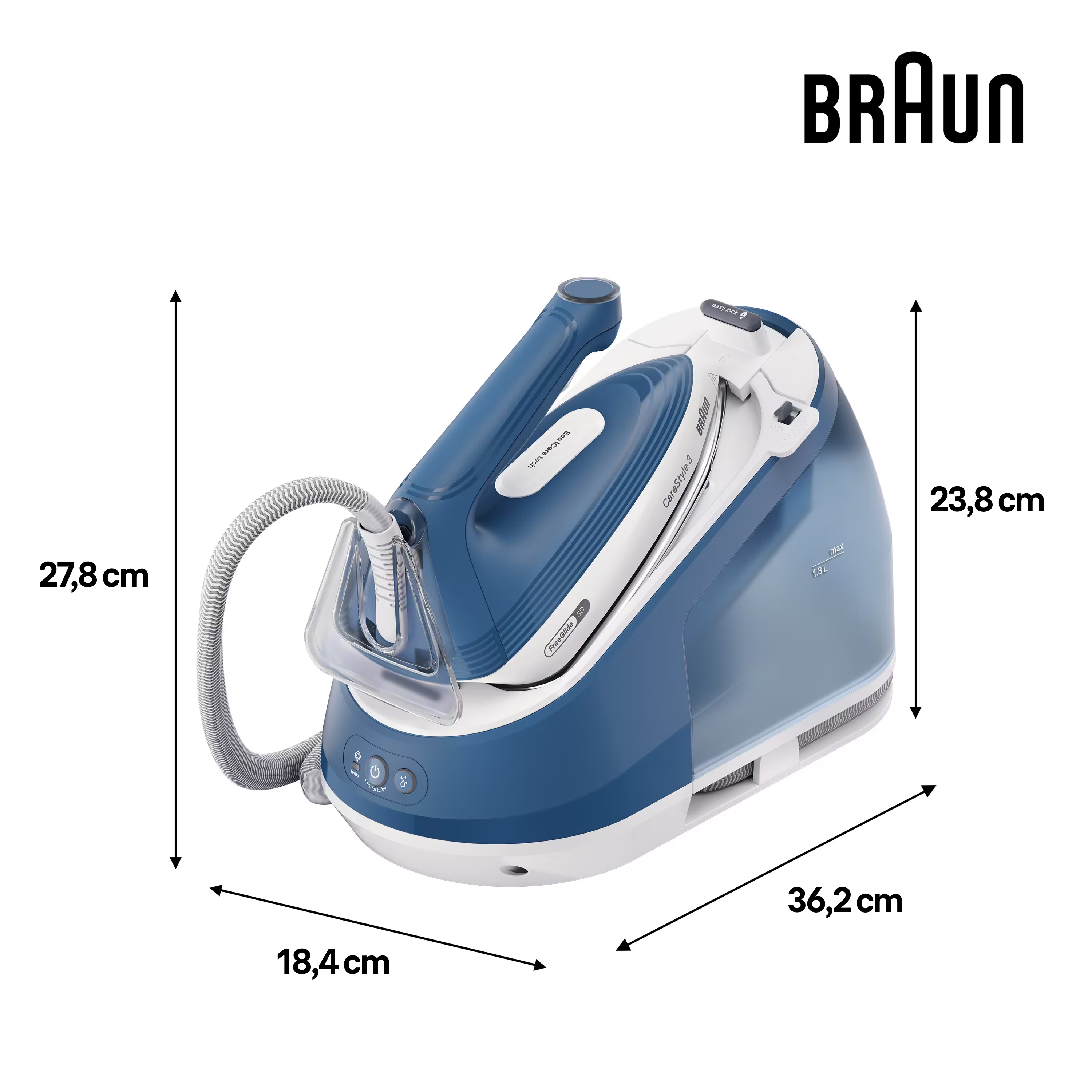 Ein blauer und weißer Dampfbügeleisen mit Wasserkessel und Maßen.
