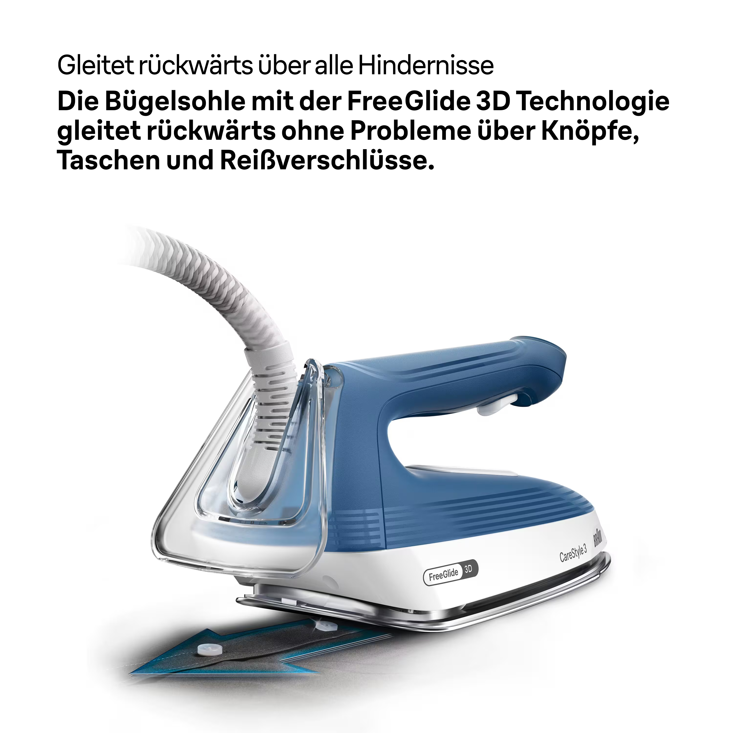 Ein blau-weies Bgel-Eisen mit 3D-Technologie gleitet ber Stoff.