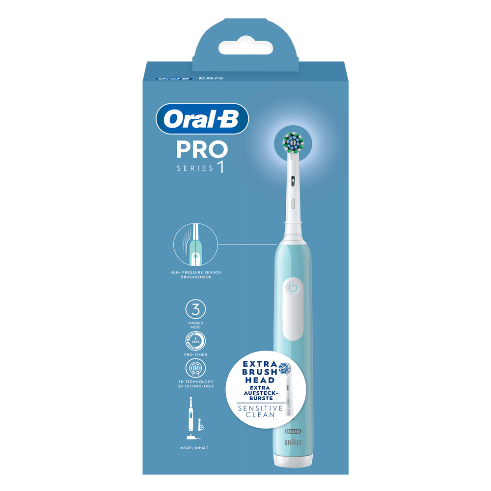 Embalaje de cepillo de dientes eléctrico Oral-B PRO Serie 1 en turquesa.
