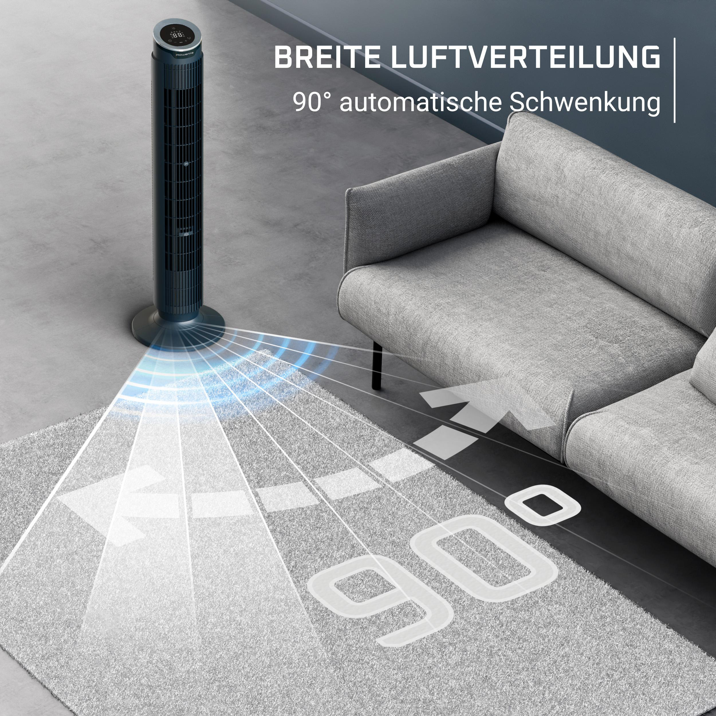 Ein Turmventilator verteilt Luft über einen 90-Grad-Winkel, dargestellt auf einem Teppich.