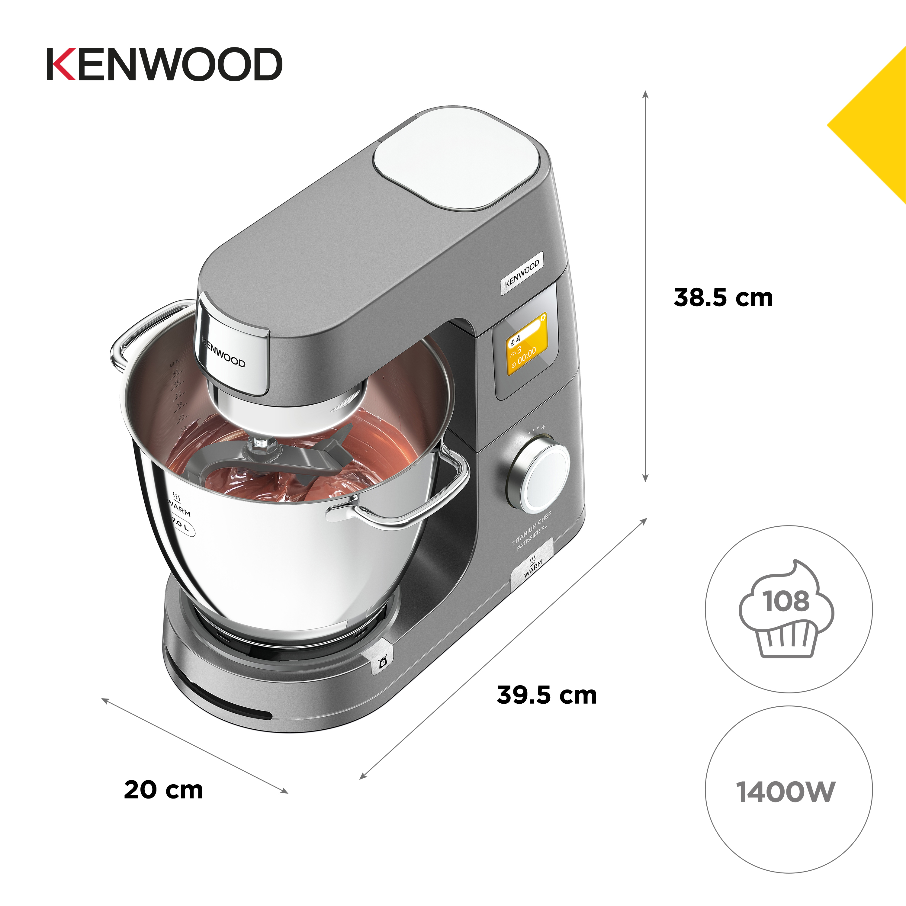 Grauer Kenwood Küchenmaschine mit Rührschüssel, 38.5x39.5x20cm, 1400W.